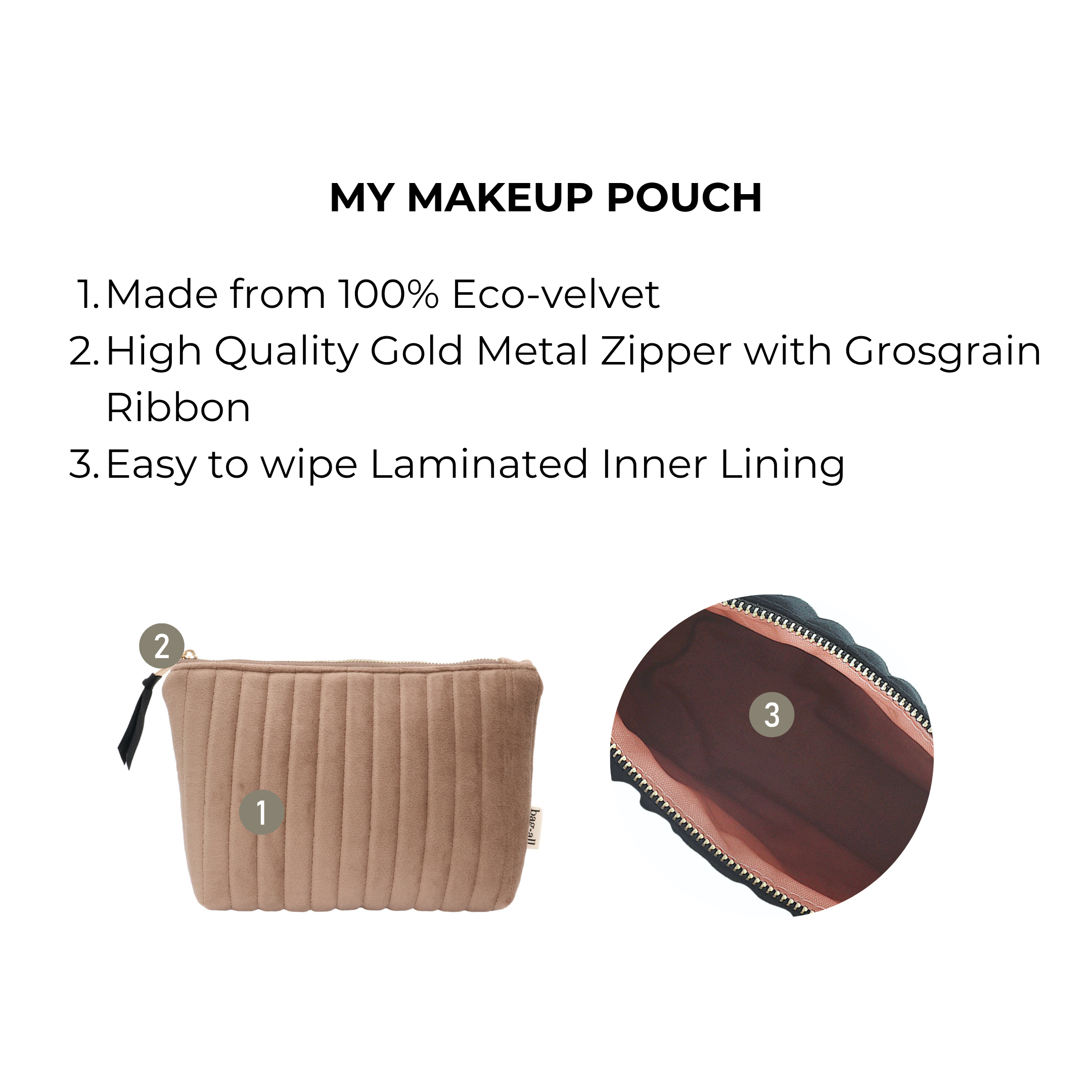 My Makeup Pouch, Coated Lining – Quilted Eco Velvet – Latte Taupe