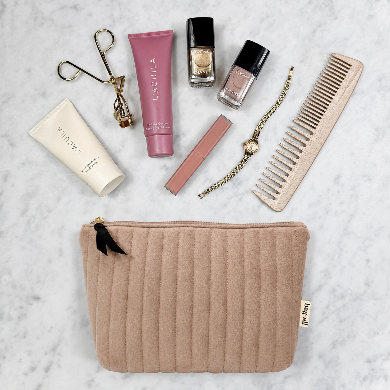 My Makeup Pouch, Coated Lining – Quilted Eco Velvet – Latte Taupe