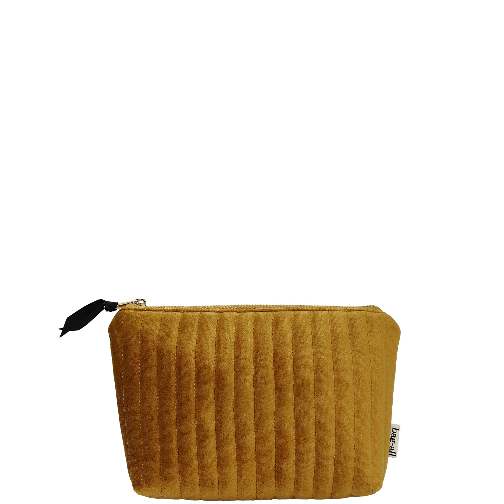 Yellow quilted eco velvet makeup bag by Bag-all with zipper closure, perfect for stylish and sustainable storage needs.