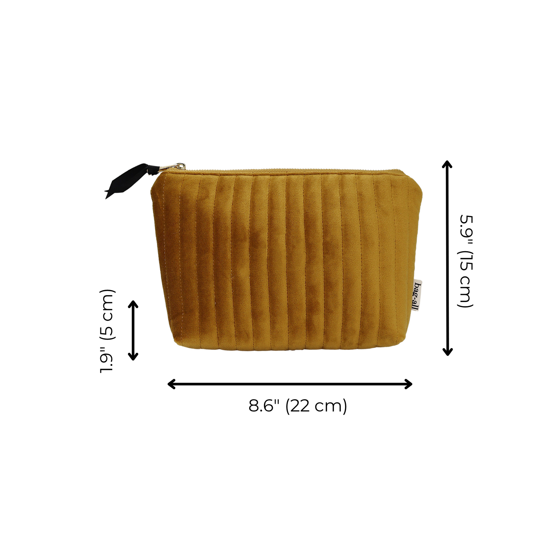 Yellow quilted eco velvet makeup bag by Bag-all with zipper, compact and stylish for everyday use and travel.