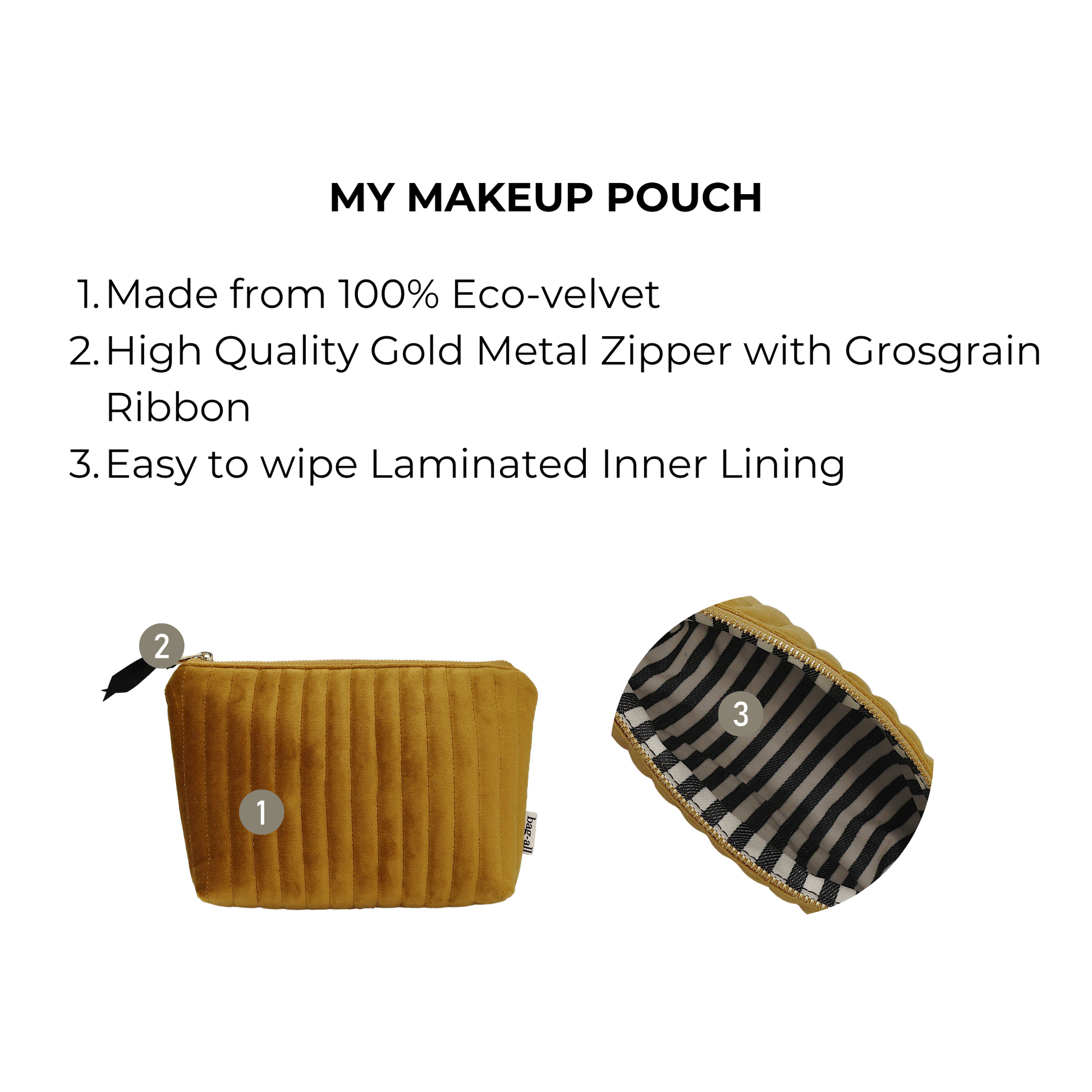 Bag-all quilted yellow eco-velvet makeup bag with gold zipper and easy-clean laminated striped lining pouch