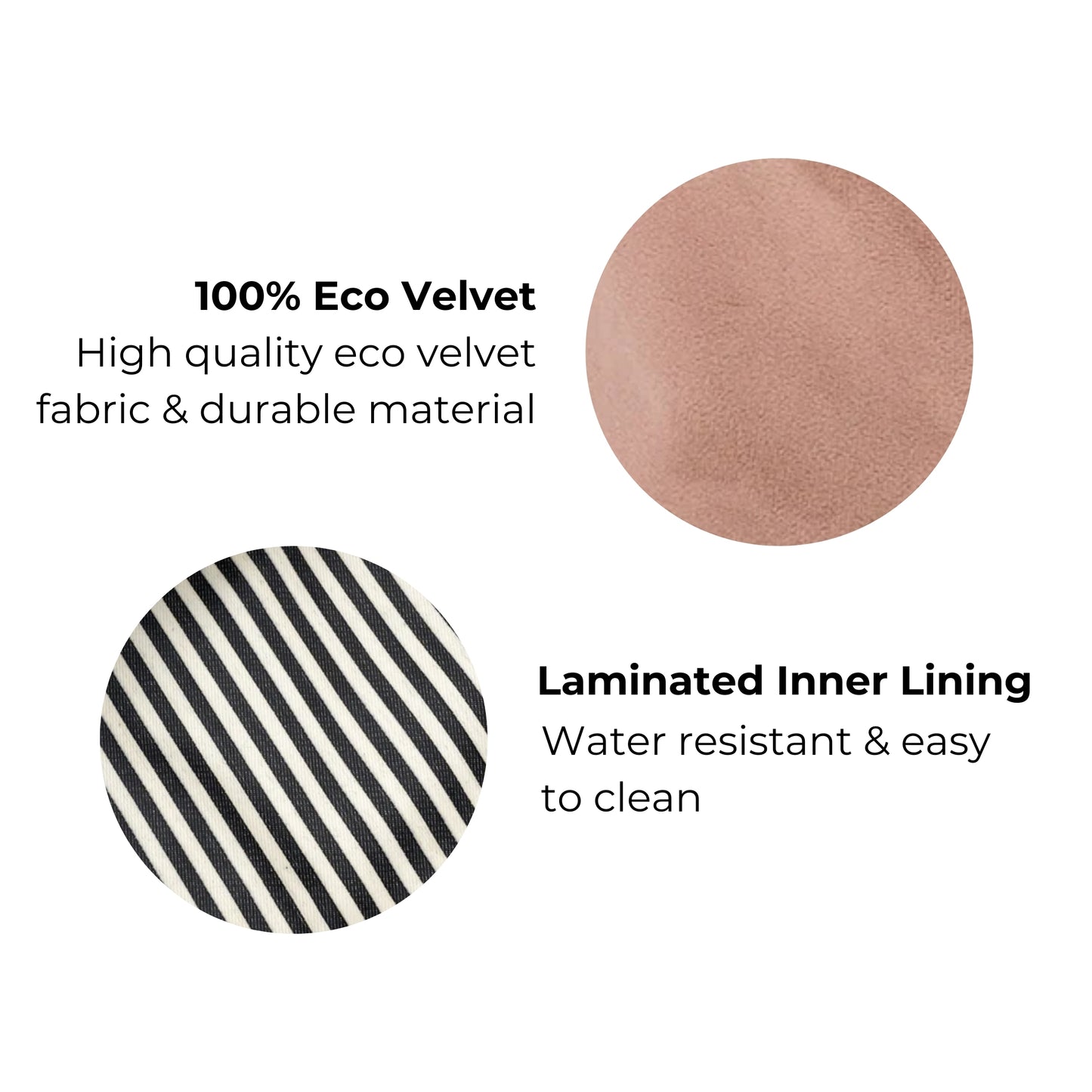 Bag-all My Makeup Pouch featuring pink eco velvet exterior with waterproof striped lining, ideal for organizing beauty essentials and cosmetic storage