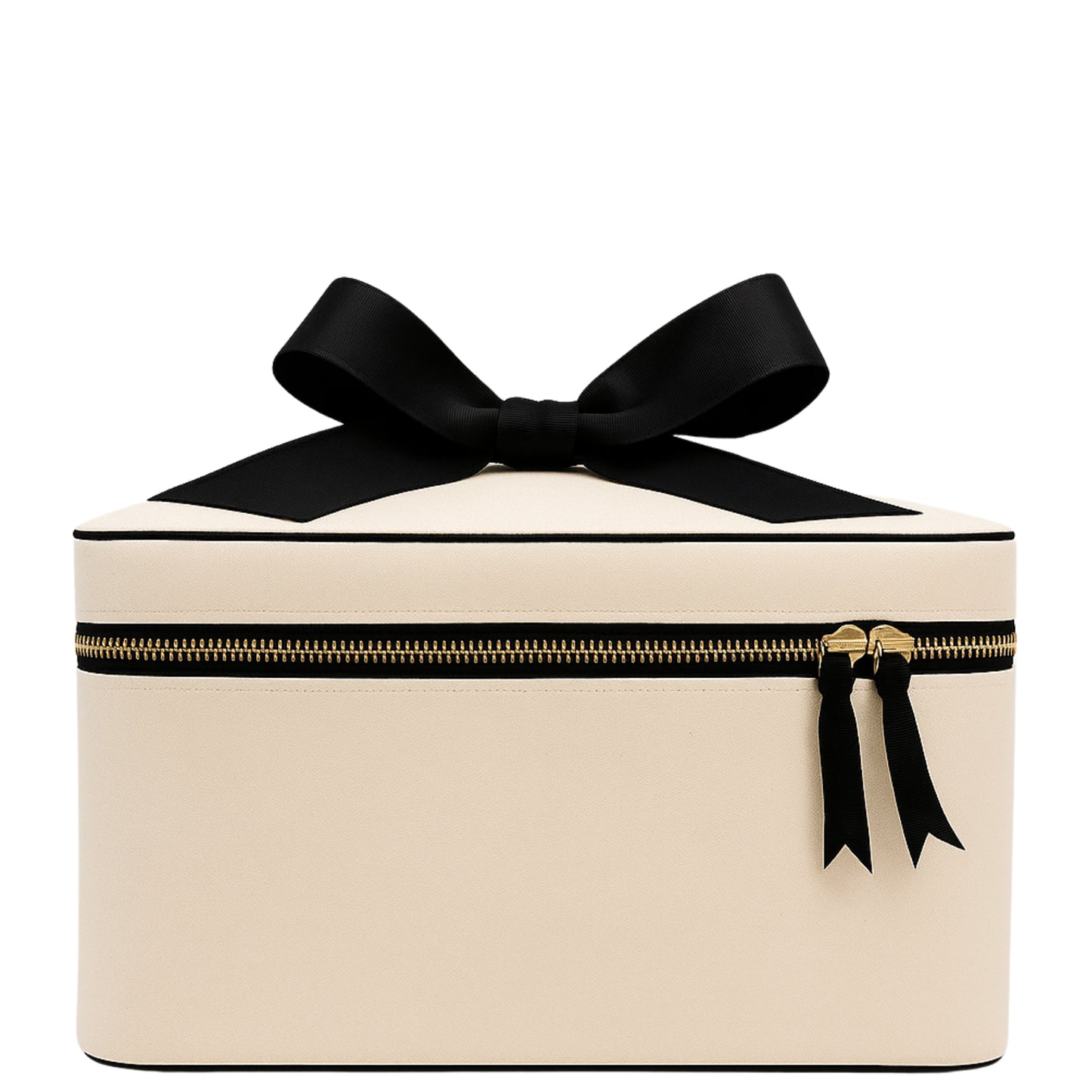 Cream Bag-all makeup and toiletry case with black bow detail and gold zipper for stylish travel or home organization