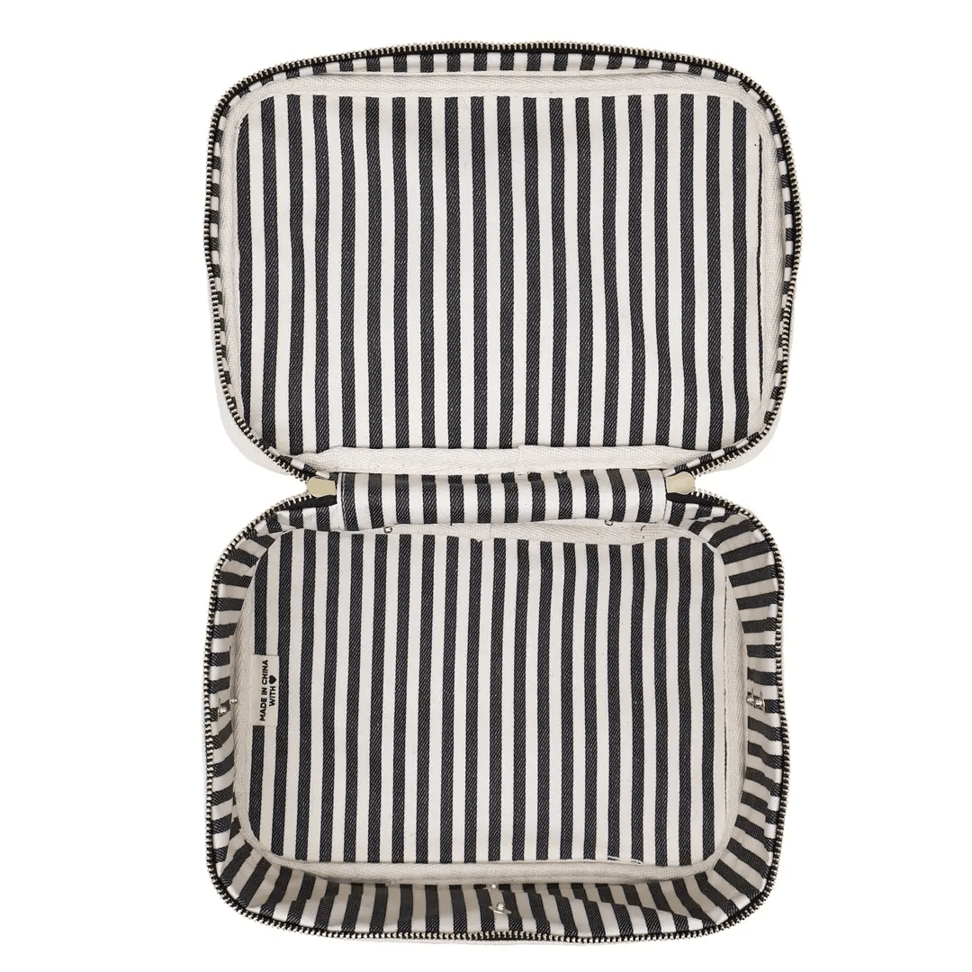 Open black striped Bag-all makeup case and toiletry organizer with removable insert on white background