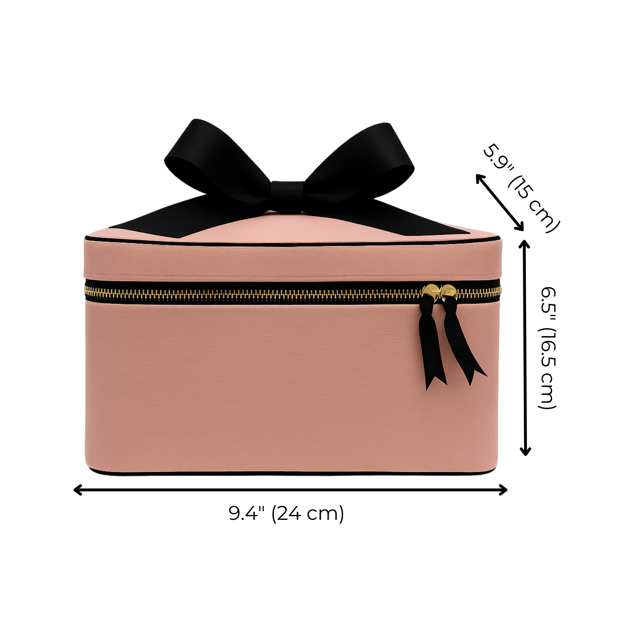 Pink Bag-all makeup and toiletry case with gold zipper and black bow detail shown with dimensions