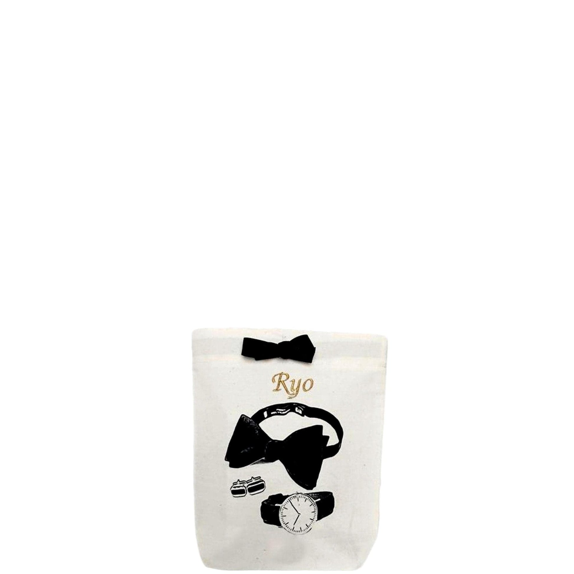 Bag-all Deal Gift Set His Favorites cream cotton organizer bag with black bow and illustrations of men's accessories including bow tie and watch