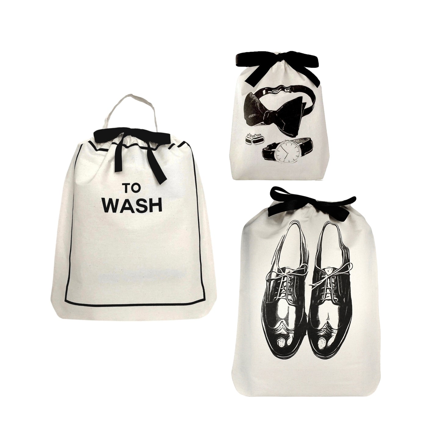 Bag-all Deal Gift Set His Favorites featuring white cotton organizing bags with black prints - laundry, shoes, and accessories bags with ribbon closure