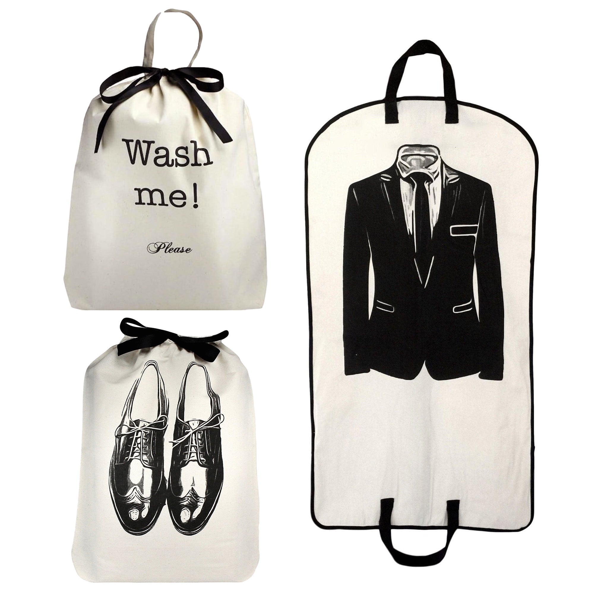 Men's Travel Set 3-pack, Cream with printed shoe and suit designs, ideal for personalized cotton travel organization by Bag-all Paris design.