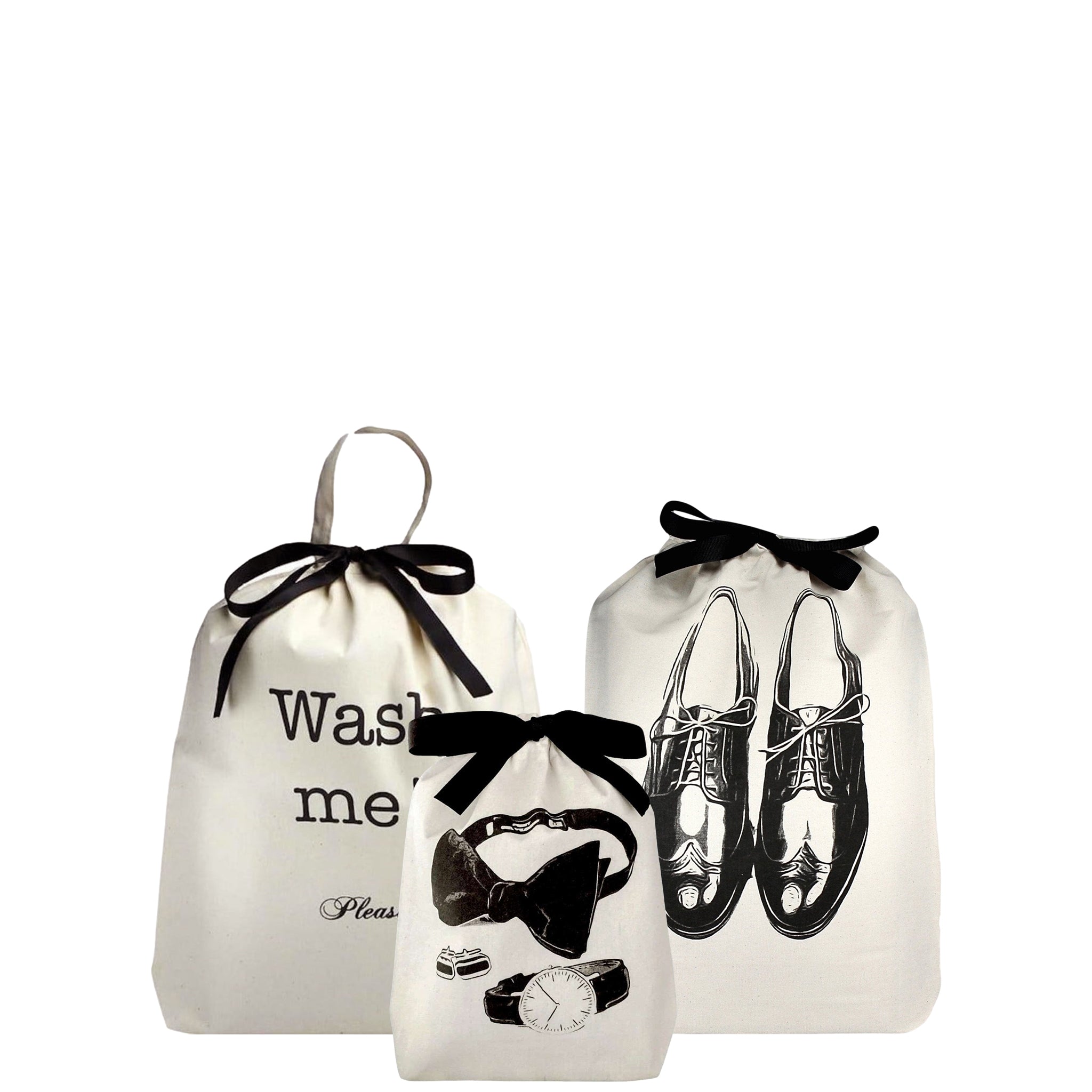 Bag-all Mens Travel Set 3-pack in cream featuring laundry, shoe, and charger bags with black ribbon ties and stylish monochrome prints