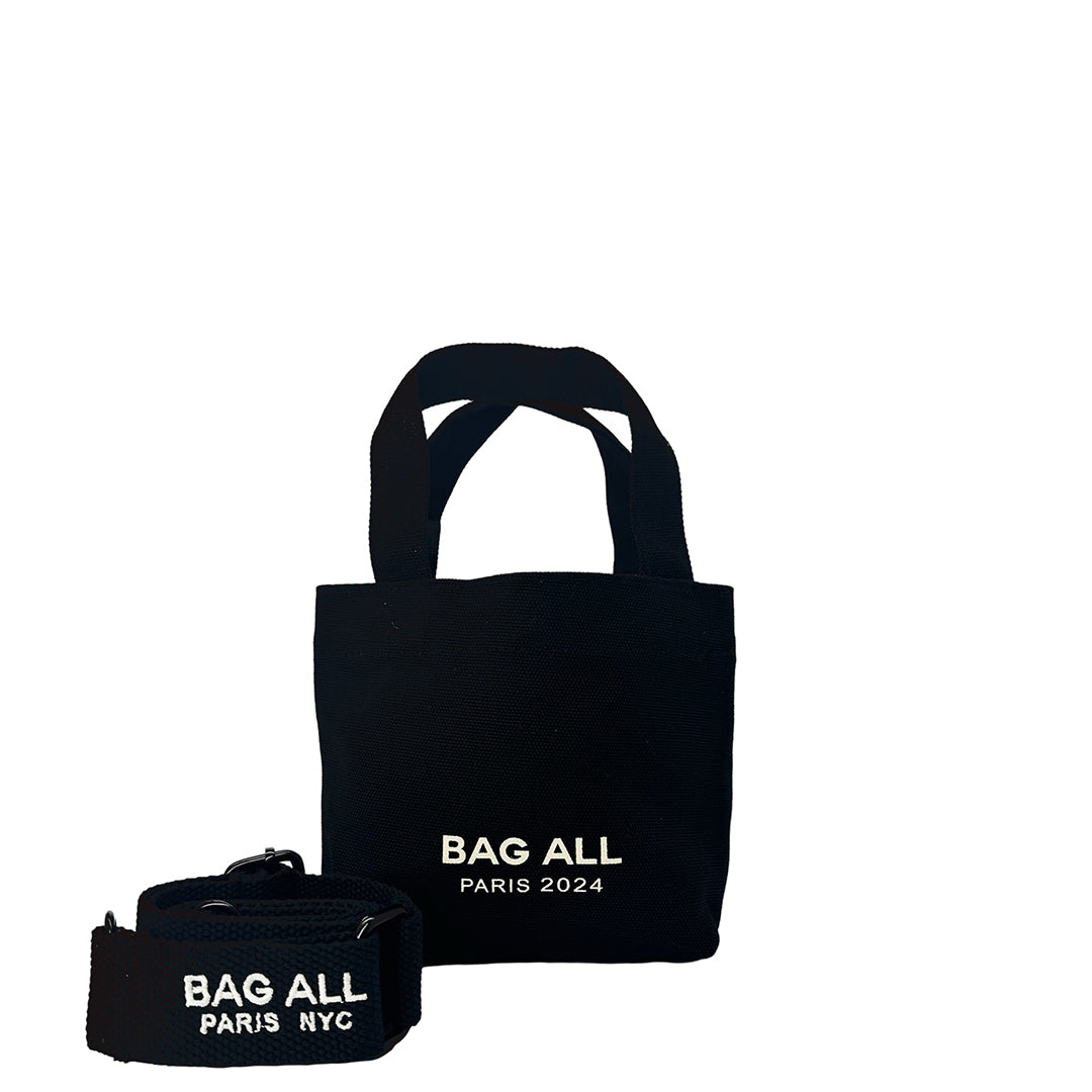 Bag-all Mini Black Cotton Tote Bag with adjustable strap and inside pocket, featuring signature Bag-all Paris-NYC logo, perfect for everyday essentials and sustainable shopping