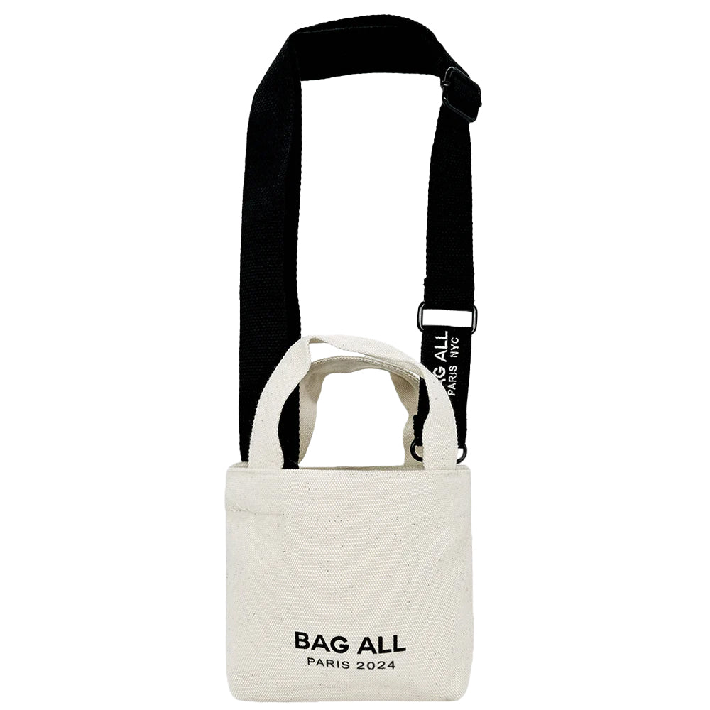 Bag-all cream Mini Tote Bag with adjustable black strap, interior pocket, and brand logo print, featuring compact design in cotton canvas material.