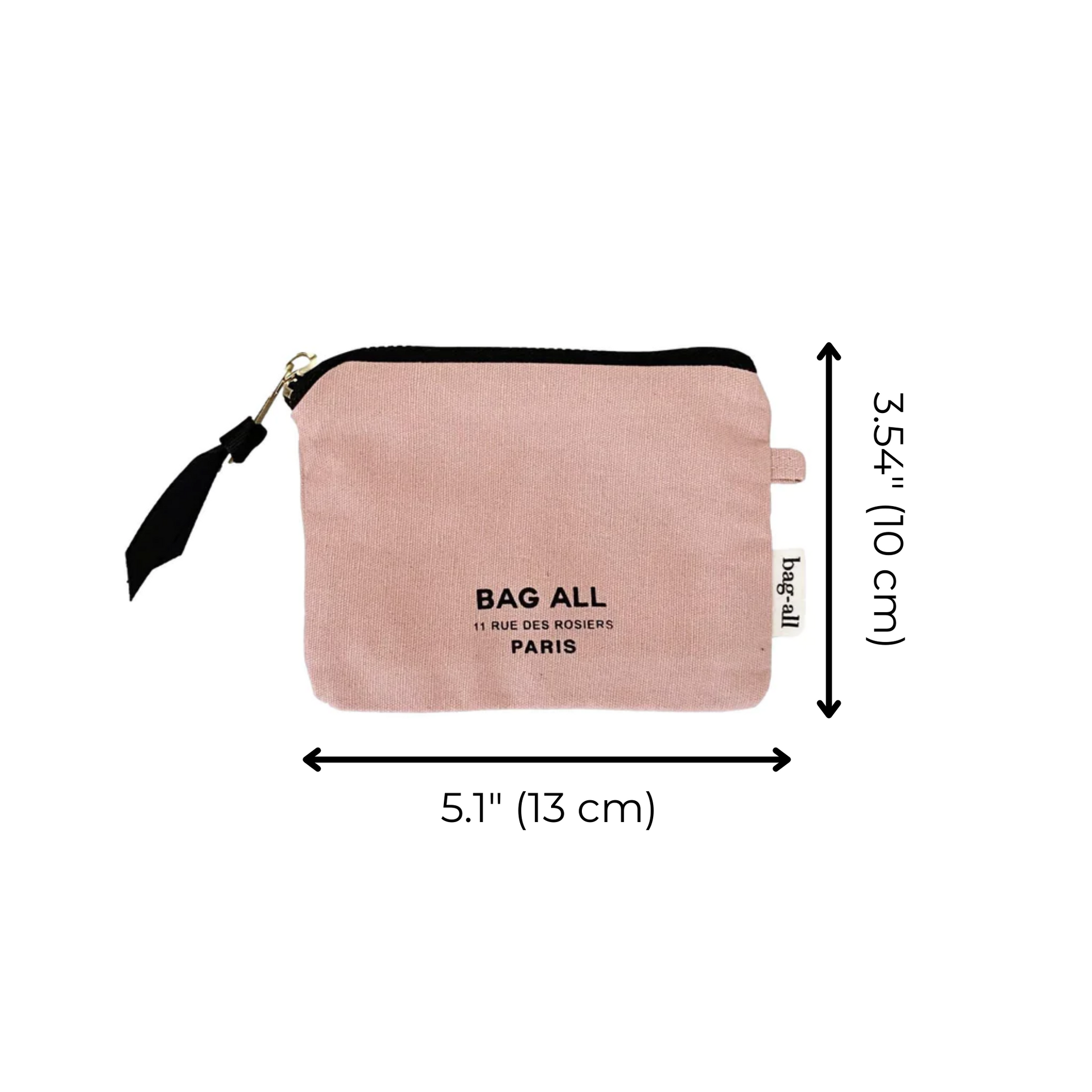 Bag-all Mini Trinket Pouch in blush pink canvas with black zipper, featuring Paris branding and measuring 5.1 x 3.54 inches, perfect for storing small essentials and accessories