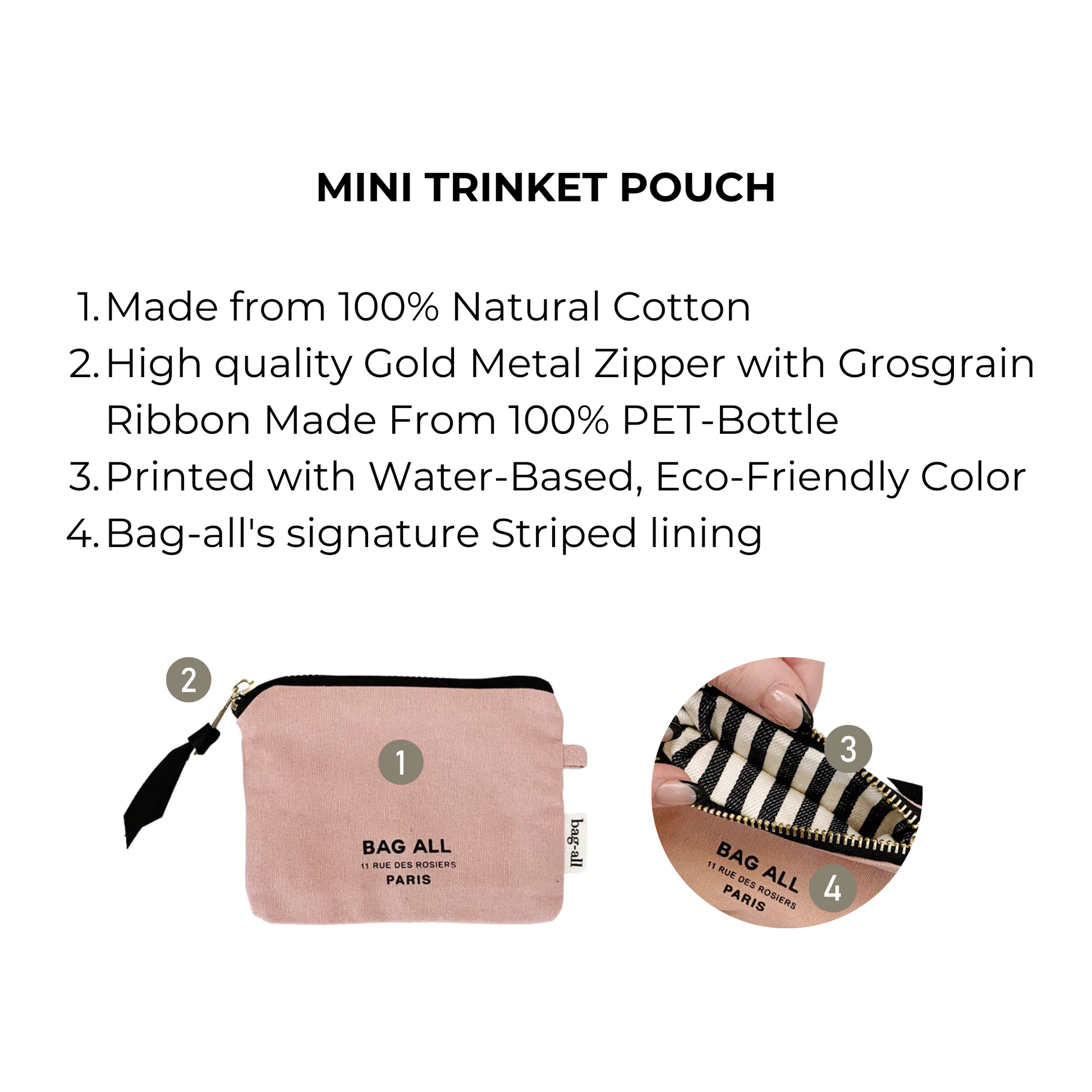 Bag-all Mini Trinket Pouch in pink cotton canvas with gold zipper, featuring striped lining. Perfect for storing small essentials like AirPods, jewelry, and beauty items.