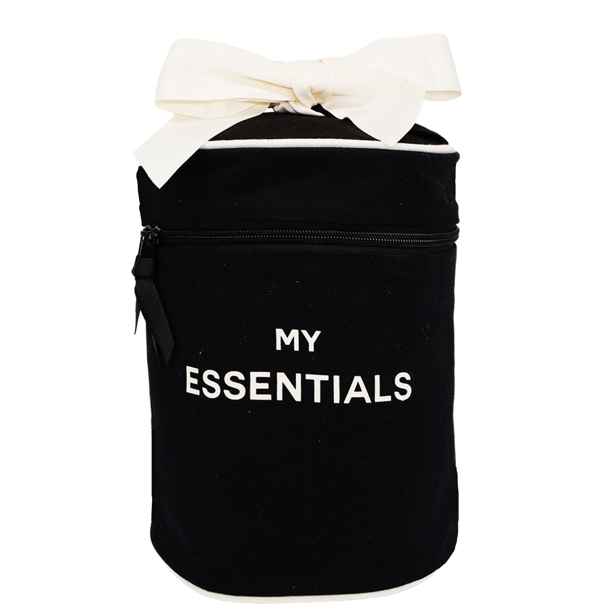 Bag-all Round Travel Essentials Case in black cotton with white bow and 'MY ESSENTIALS' text, featuring waterproof lining and zippered compartment for organized storage