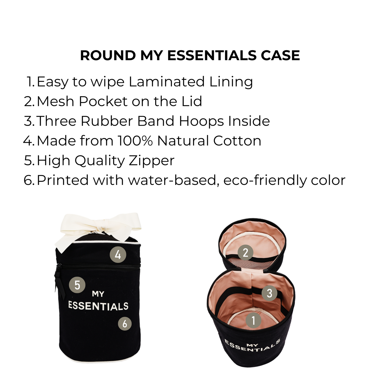 Bag-all Round My Essentials Case in black cotton with laminated lining, rubber bands, and mesh pocket - perfect travel organizer for cosmetics and toiletries