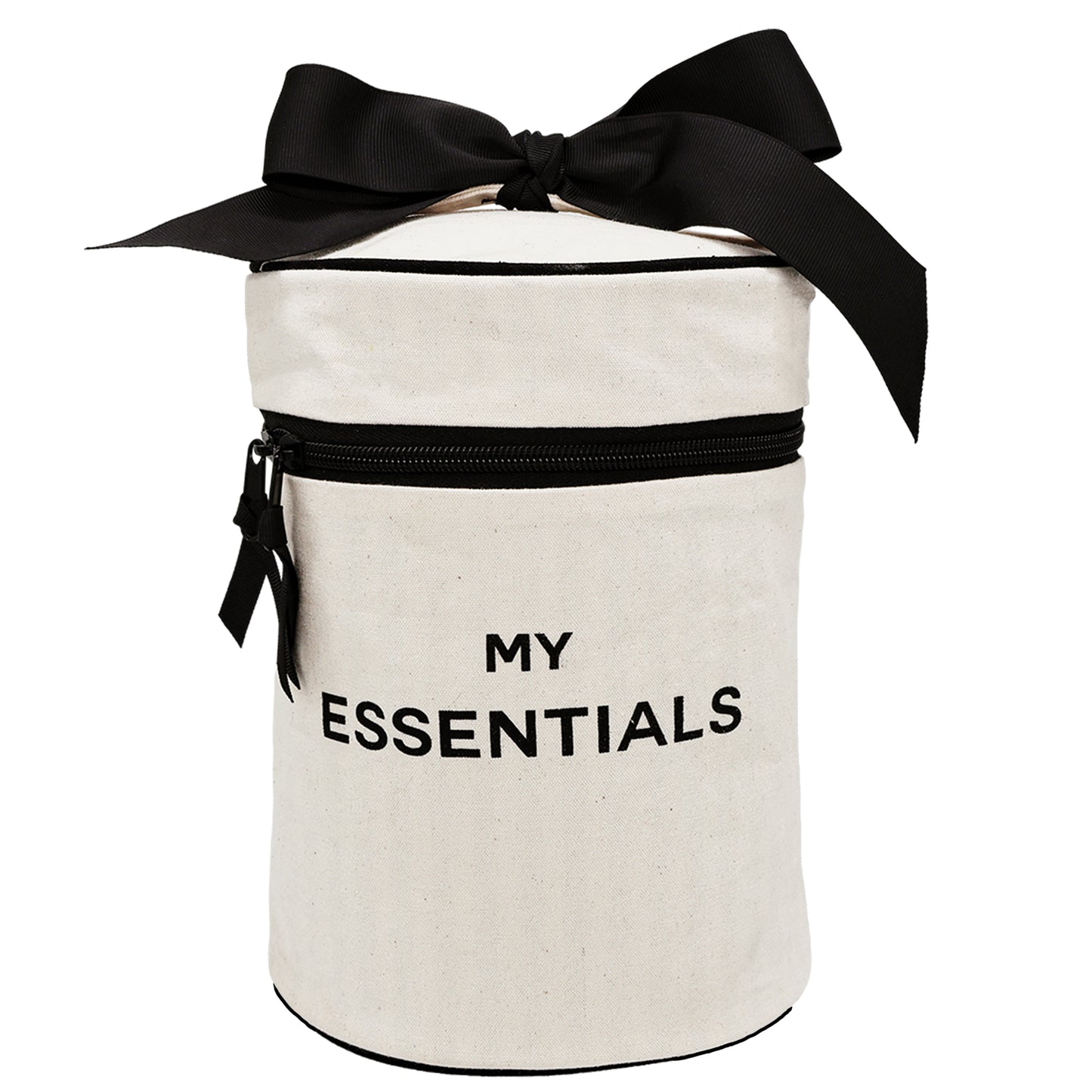 Bag-all Round My Essentials Case in cream cotton with black bow and zip, featuring waterproof lining and internal organizing bands for travel toiletries and cosmetics storage
