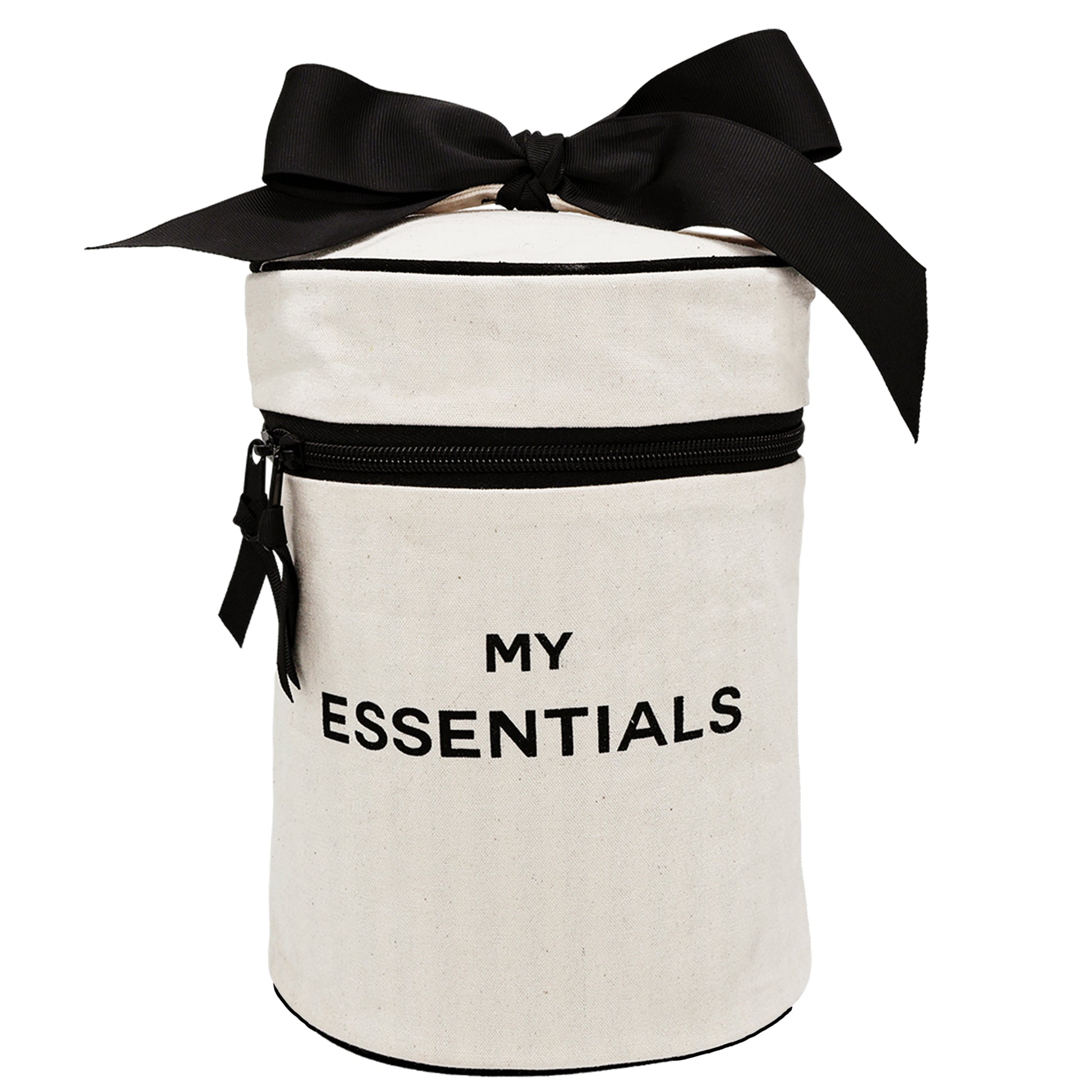 Bag-all Round My Essentials Case in cream cotton with black bow and zip, featuring waterproof lining and internal organizing bands for travel toiletries and cosmetics storage