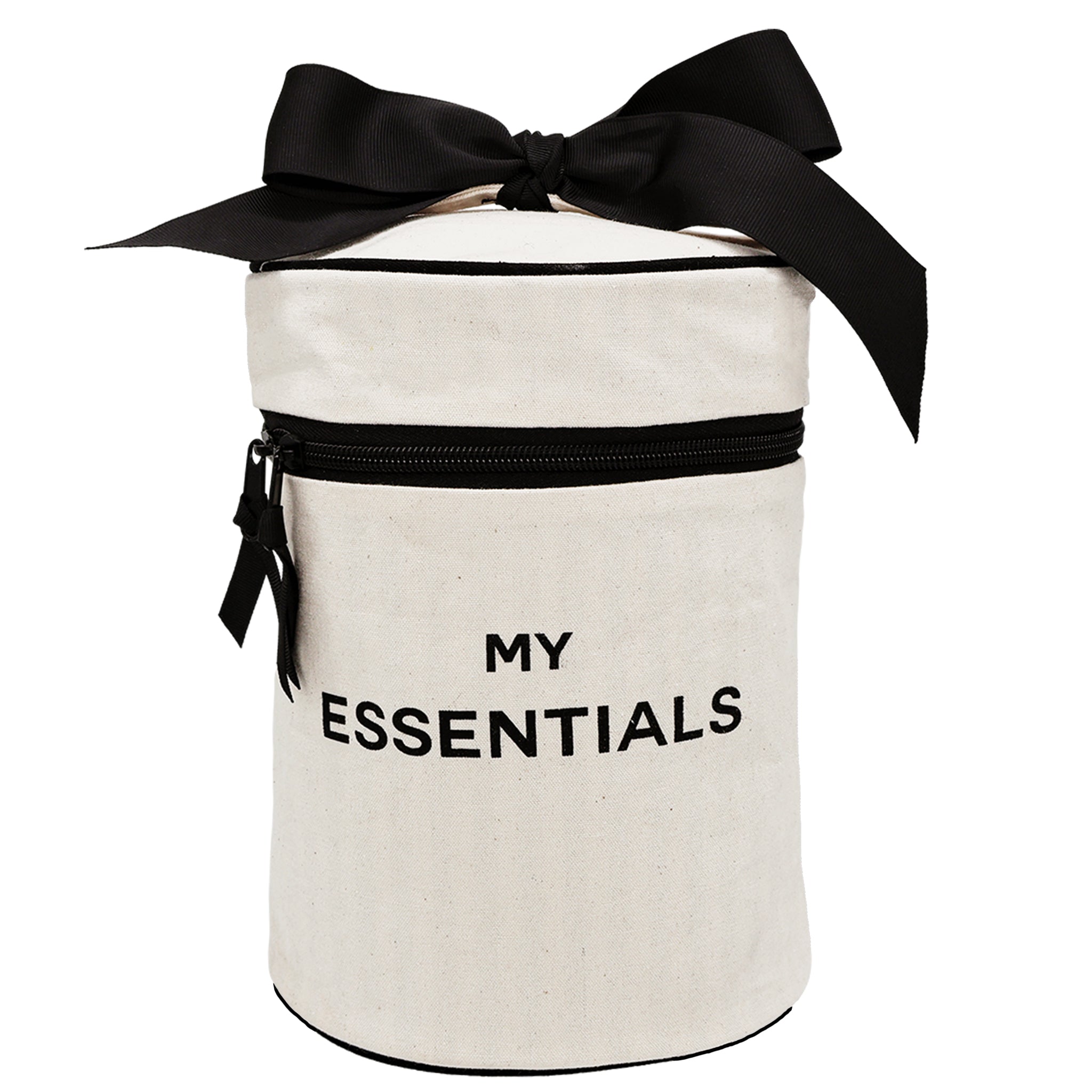 Bag-all Round My Essentials Case in cream cotton with black bow and zip, featuring waterproof lining and internal organizing bands for travel toiletries and cosmetics storage