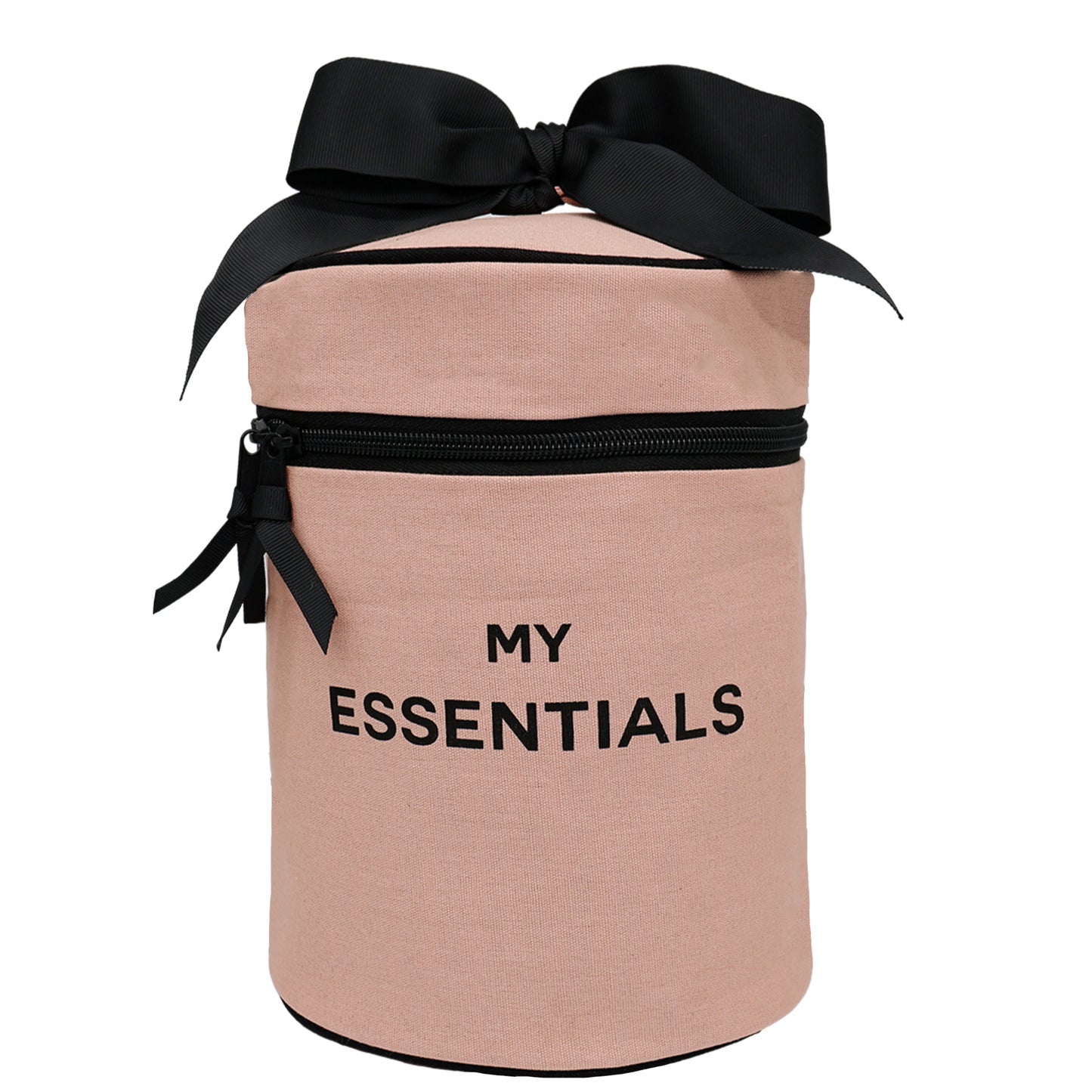 Bag-all Round My Essentials Case in pink with black bow, coated interior and zipper closure - stylish travel organizer for cosmetics and beauty items