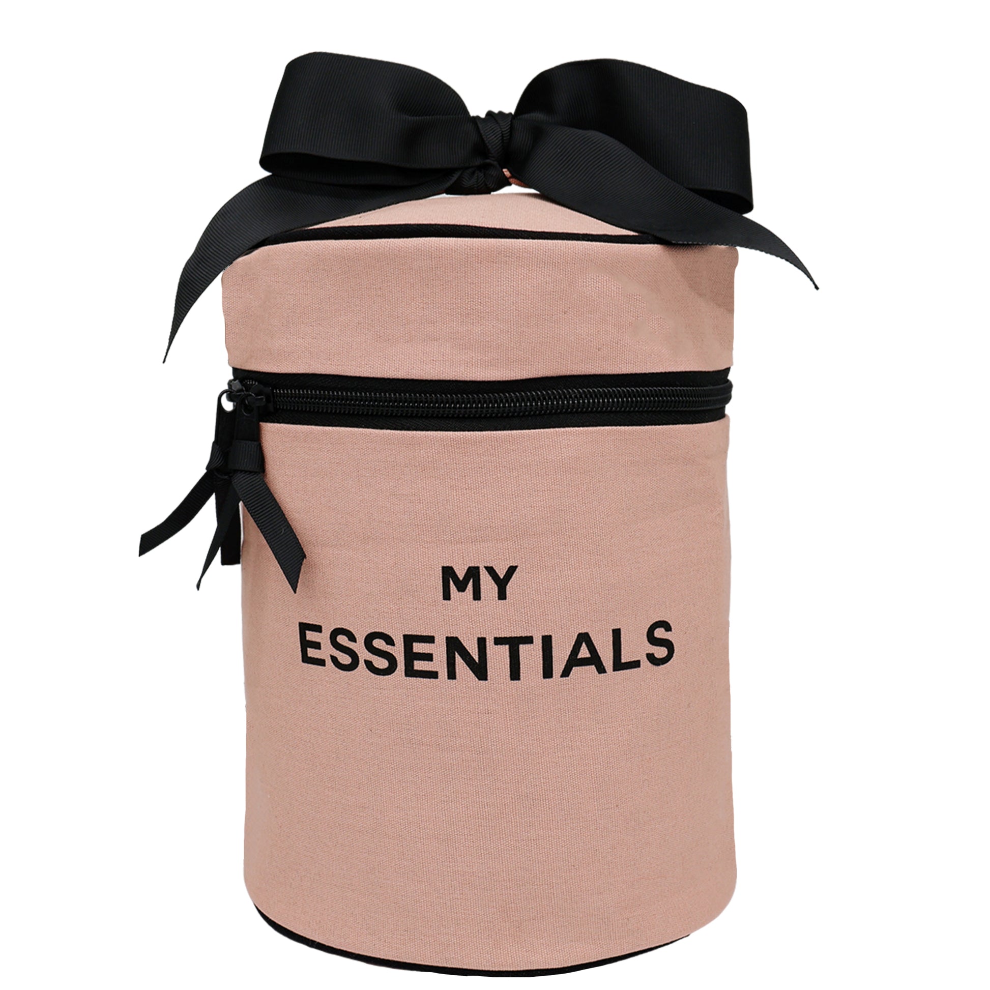 Bag-all Round My Essentials Case in pink with black bow, coated interior and zipper closure - stylish travel organizer for cosmetics and beauty items