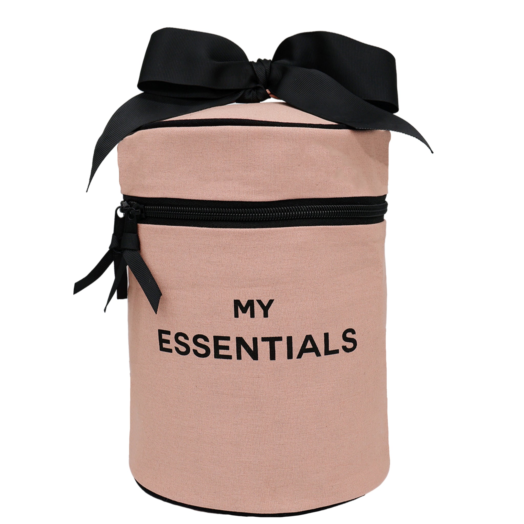 Bag-all Round My Essentials Case in pink with black bow, coated interior and zipper closure - stylish travel organizer for cosmetics and beauty items