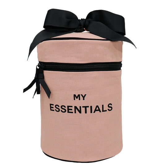 Bag-all Round My Essentials Case in pink with black bow, coated interior and zipper closure - stylish travel organizer for cosmetics and beauty items