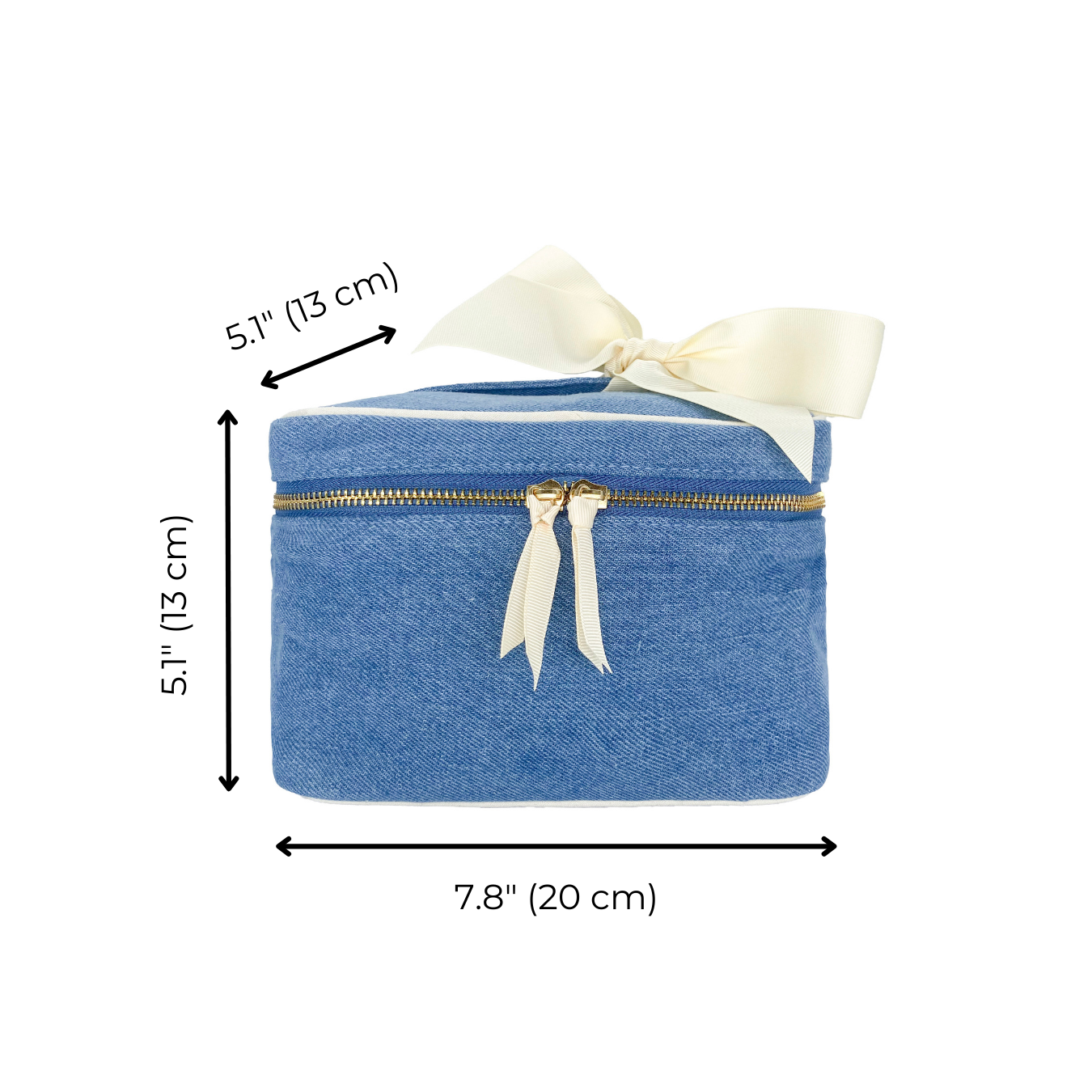 Bag-all My Makeup Cosmetic Box in stylish denim fabric with cream bow, gold zipper, and waterproof interior, perfect for organizing beauty essentials. Square design measures 7.8 x 5.1 x 5.1 inches.