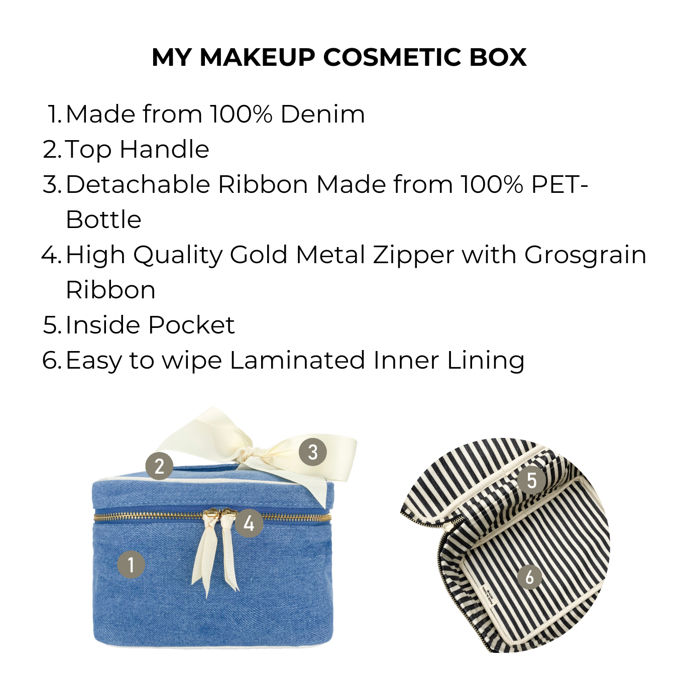 Bag-all My Makeup Cosmetic Box in denim features gold zipper, top handle, detachable ribbon, waterproof lining, and inside pocket for organized beauty storage
