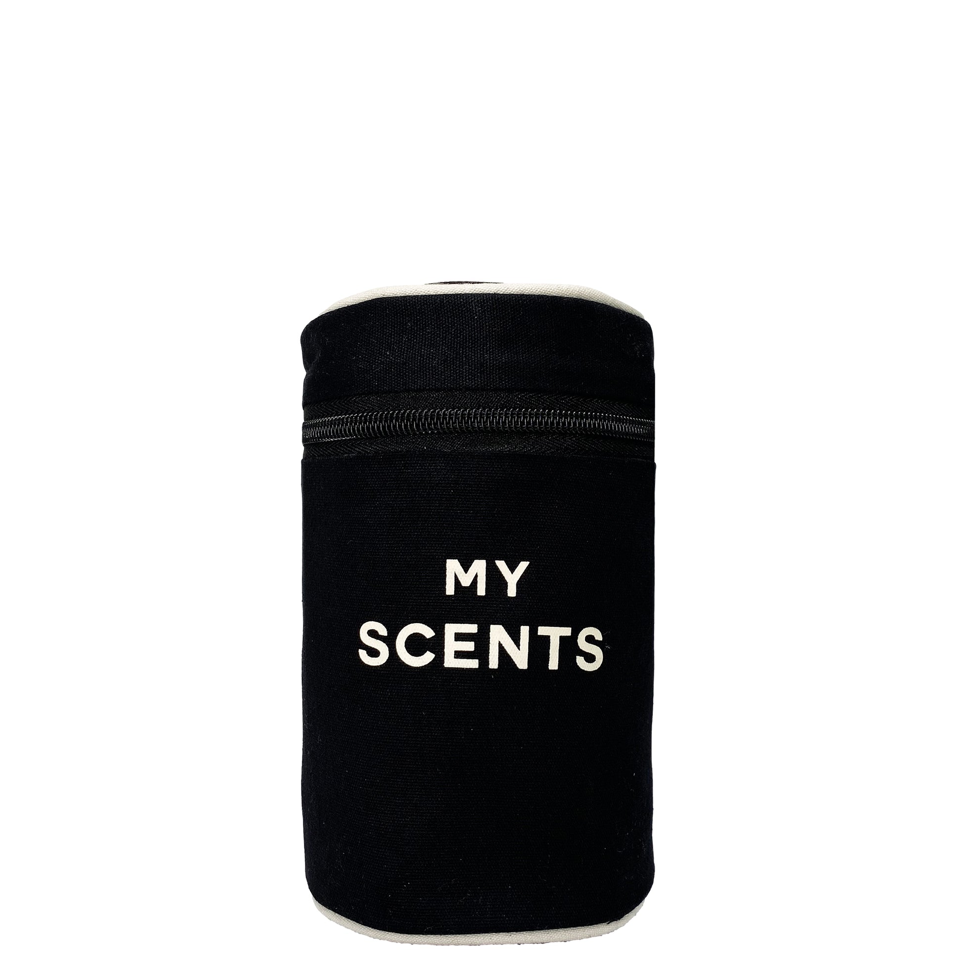 Bag-all Round My Scents Case in Black - Cylindrical travel organizer with leak-proof lining for perfumes and fragrances, featuring secure rubber bands and "MY SCENTS" text
