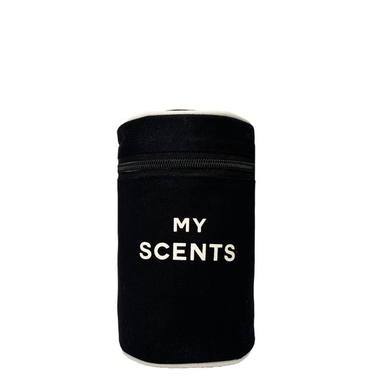 Bag-all Round My Scents Case in Black - Cylindrical travel organizer with leak-proof lining for perfumes and fragrances, featuring secure rubber bands and "MY SCENTS" text