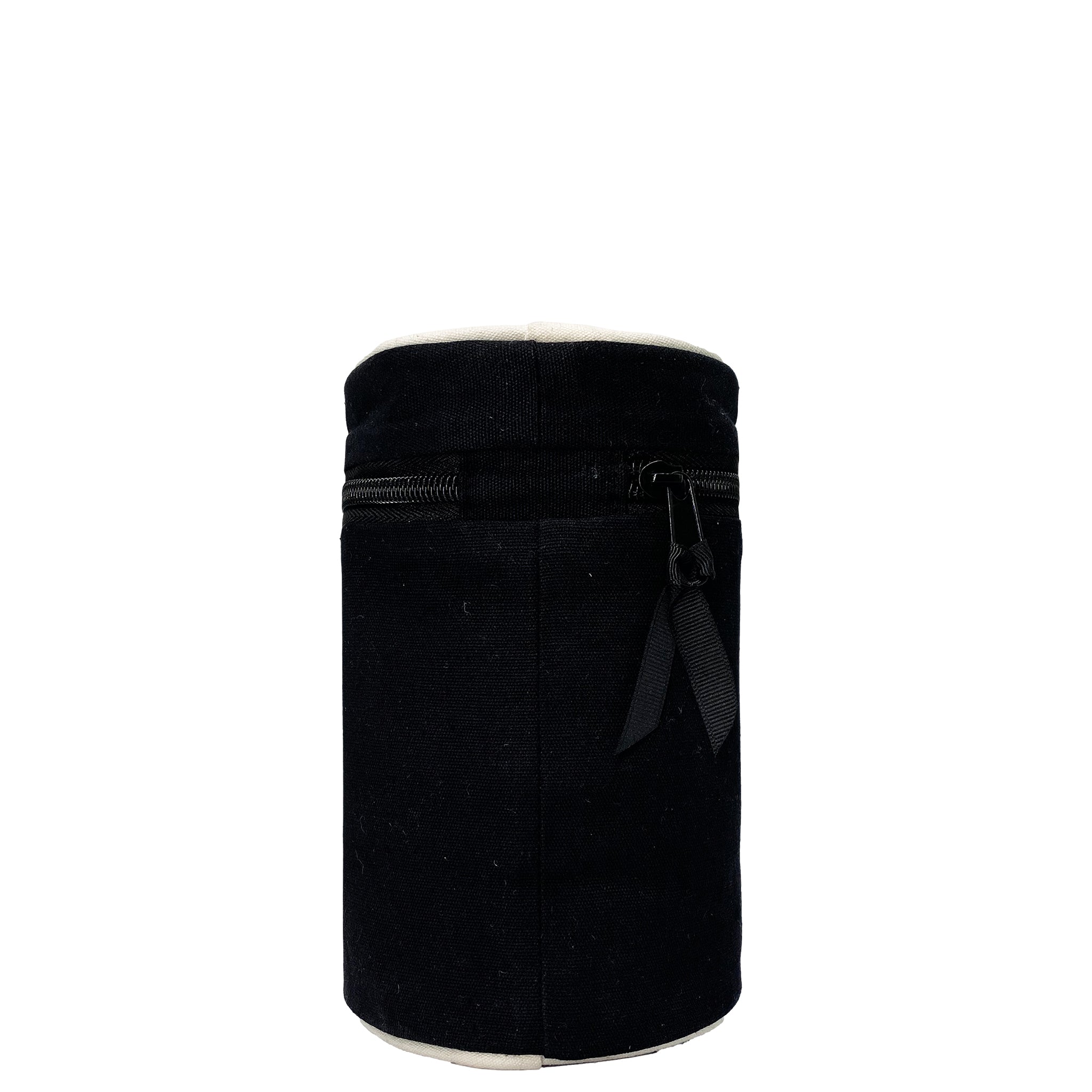 Bag-all Round My Scents Case in Black - Cylindrical travel organizer with protective lining and secure bands for perfume storage and organization