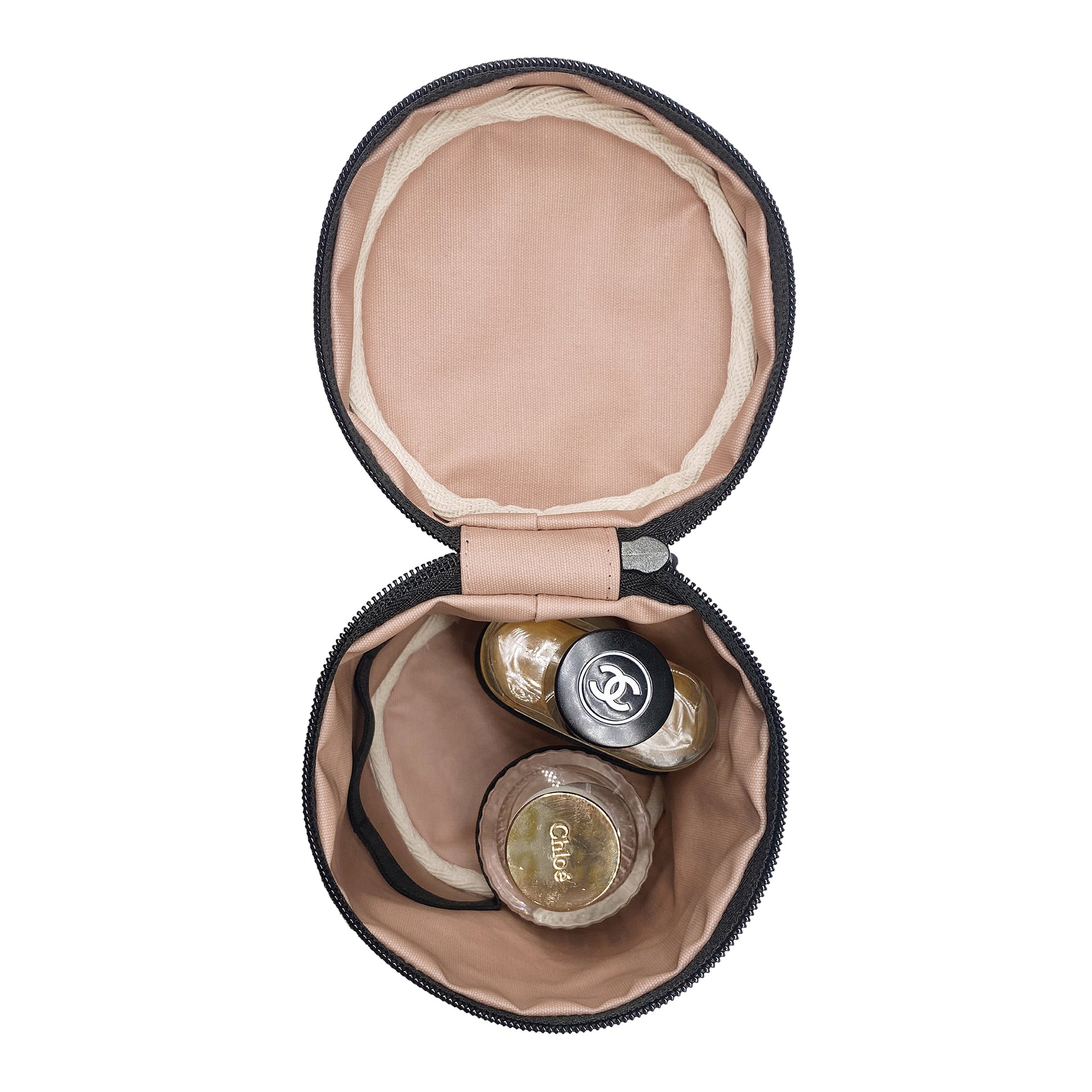 Bag-all Round My Scents Case in Black, featuring circular design with beige interior lining, perfect for storing luxury perfume bottles with secure rubber band holders