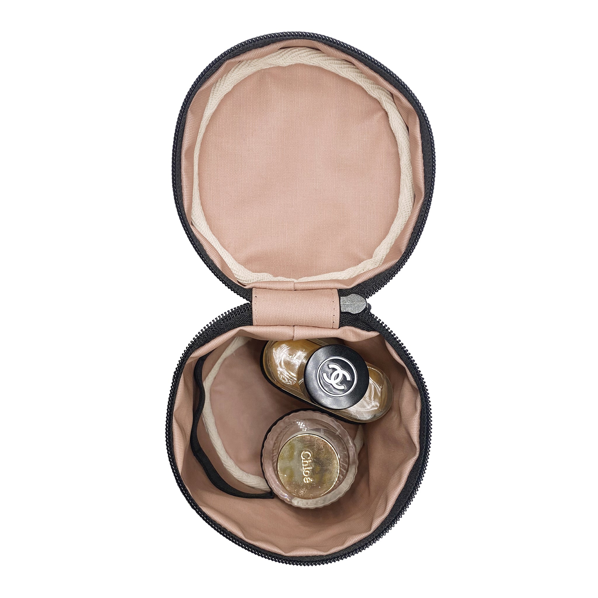 Bag-all Round My Scents Case in Black, featuring circular design with beige interior lining, perfect for storing luxury perfume bottles with secure rubber band holders