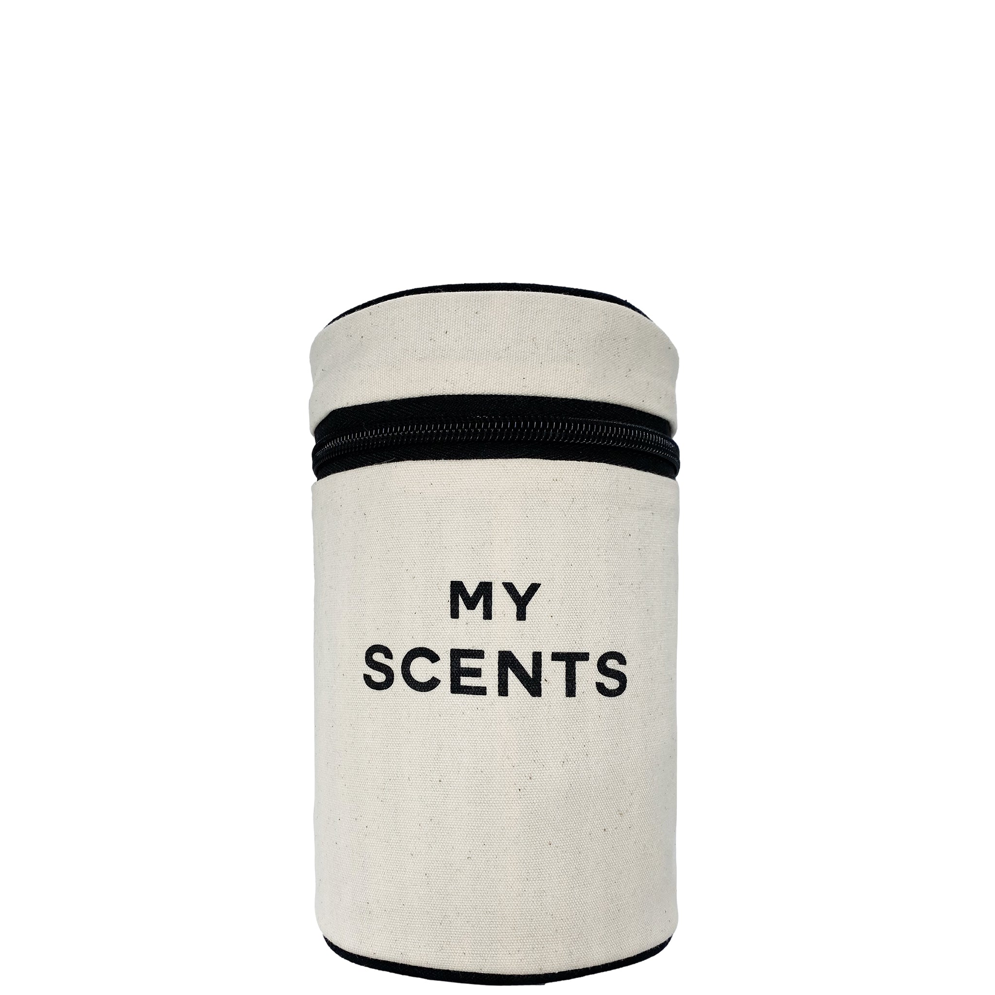 Bag-all Round My Scents Case in cream canvas with black trim and zipper, cylindrical organizer for perfumes and fragrances, text MY SCENTS printed