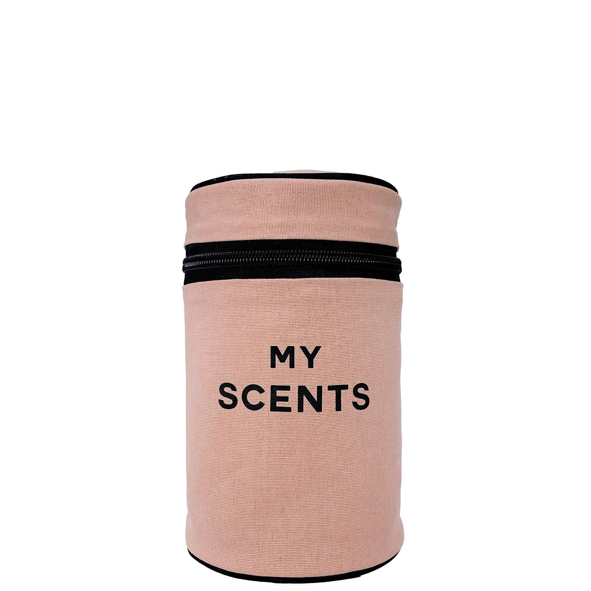 Bag-all Round My Scents Case in pink blush with black zipper, cylindrical travel organizer for perfumes featuring laminated lining and text MY SCENTS