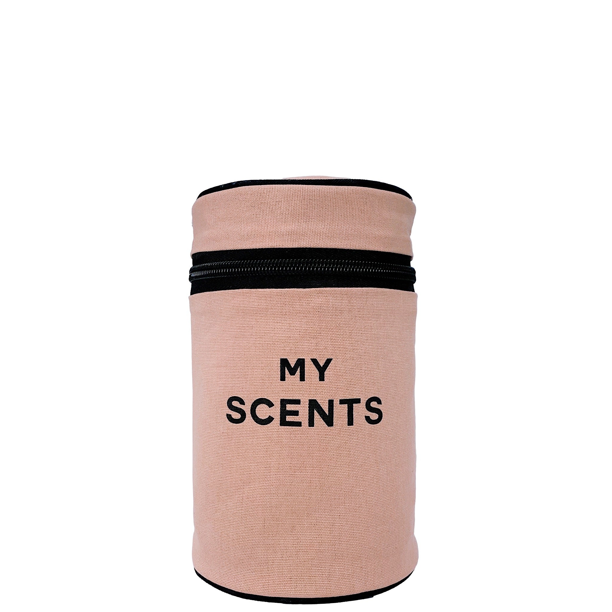 Bag-all Round My Scents Case in pink blush with black zipper, cylindrical travel organizer for perfumes featuring laminated lining and text MY SCENTS