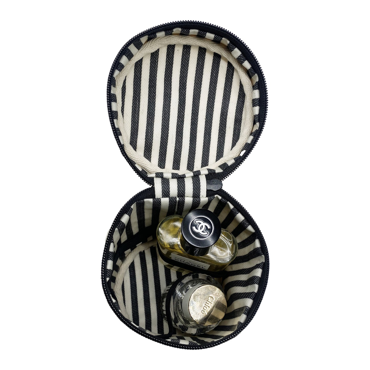 Bag-all Round My Scents Case in pink featuring black and white striped interior lining, perfect for organizing perfume bottles with secure rubber bands and leakproof design