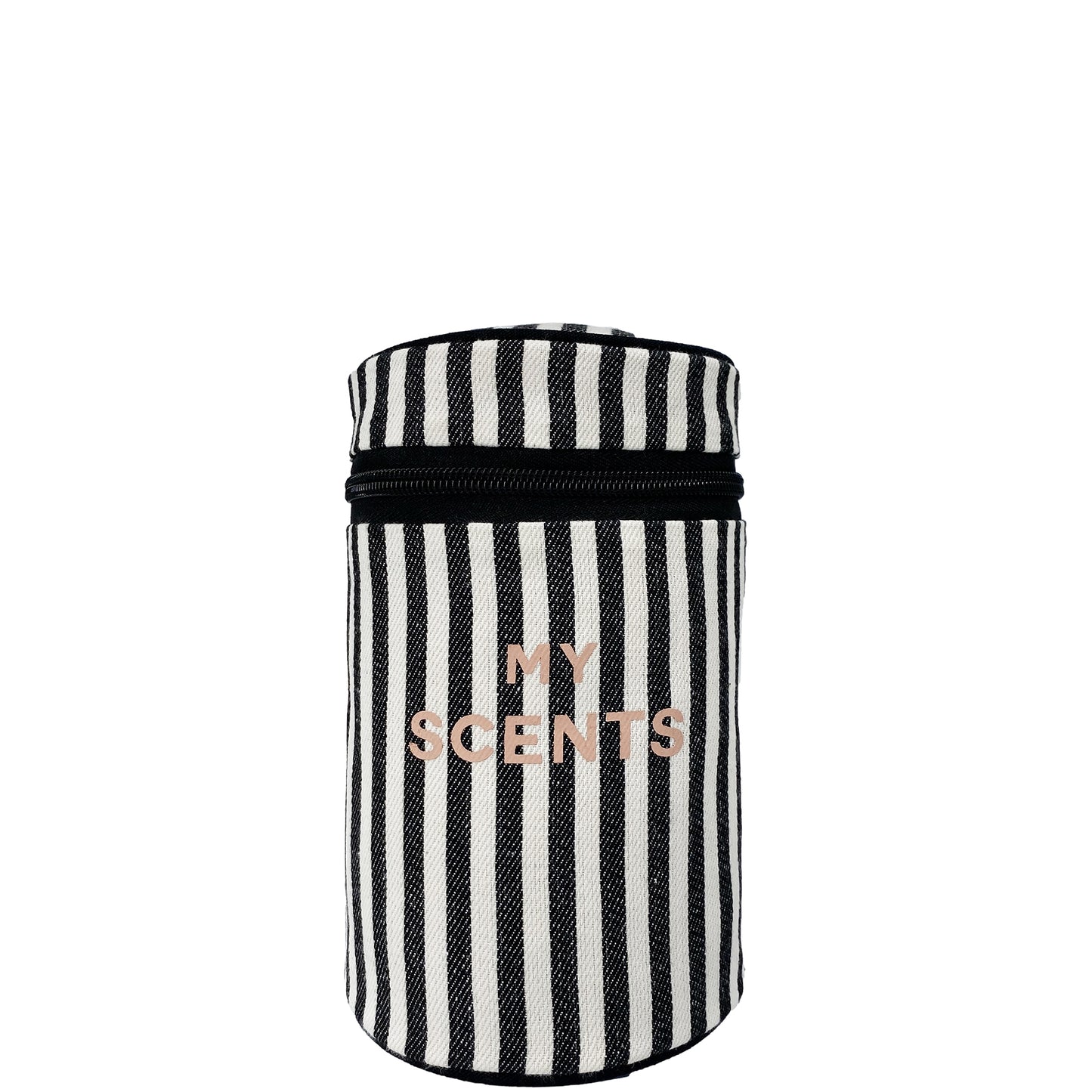Bag-all Round My Scents Case featuring black and white vertical stripes with rose gold text, cylindrical travel organizer for perfumes and fragrances