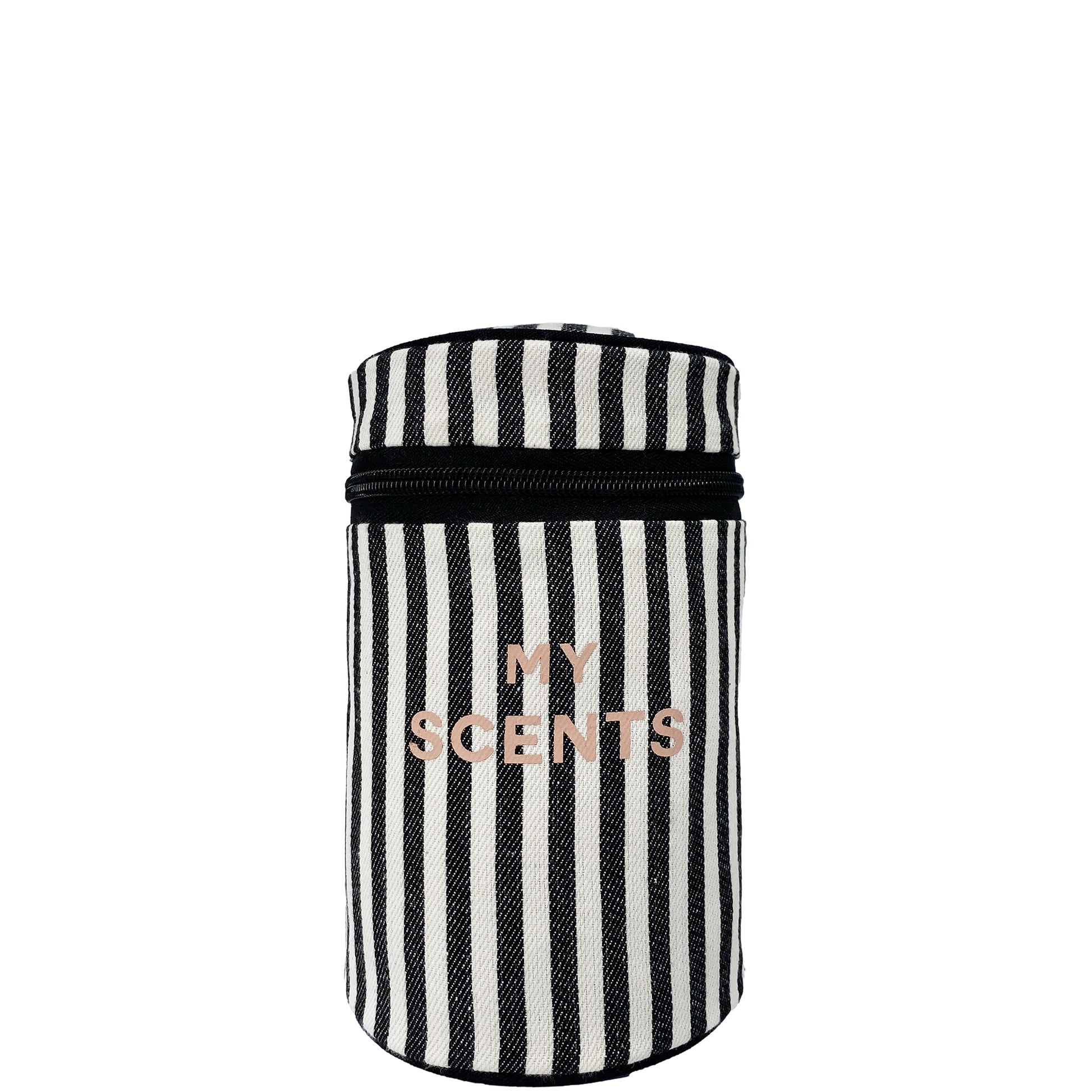 Bag-all Round My Scents Case featuring black and white vertical stripes with rose gold text, cylindrical travel organizer for perfumes and fragrances