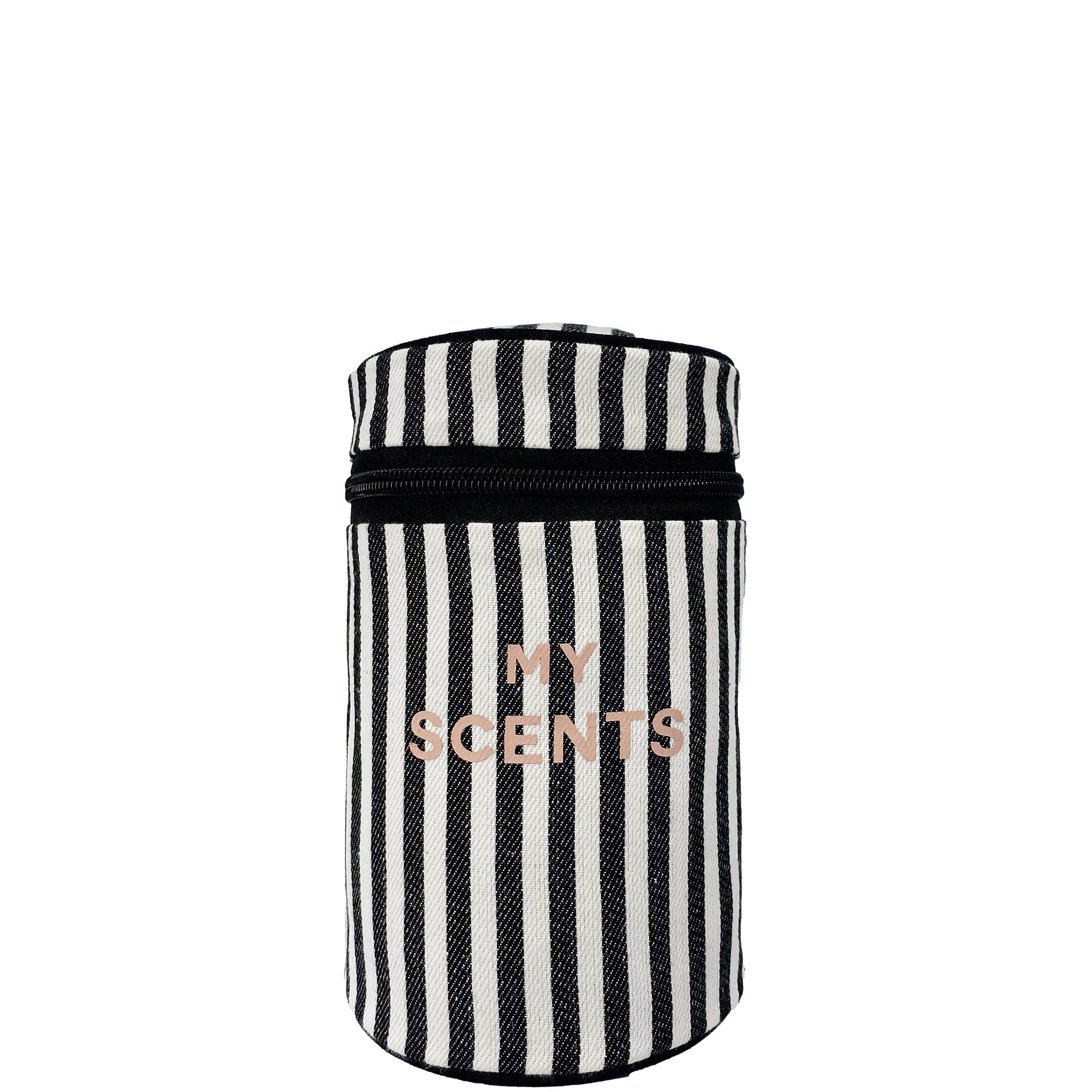 Bag-all Round My Scents Case featuring black and white vertical stripes with rose gold text, cylindrical travel organizer for perfumes and fragrances