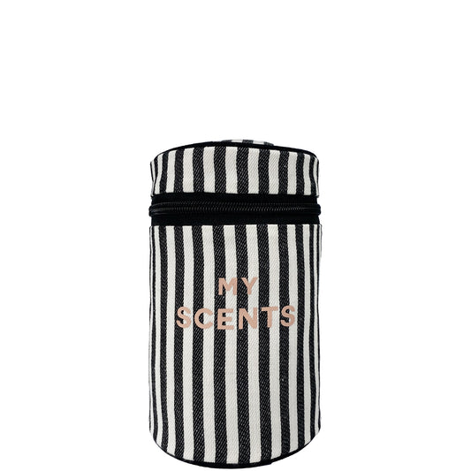 Bag-all Round My Scents Case featuring black and white vertical stripes with rose gold text, cylindrical travel organizer for perfumes and fragrances