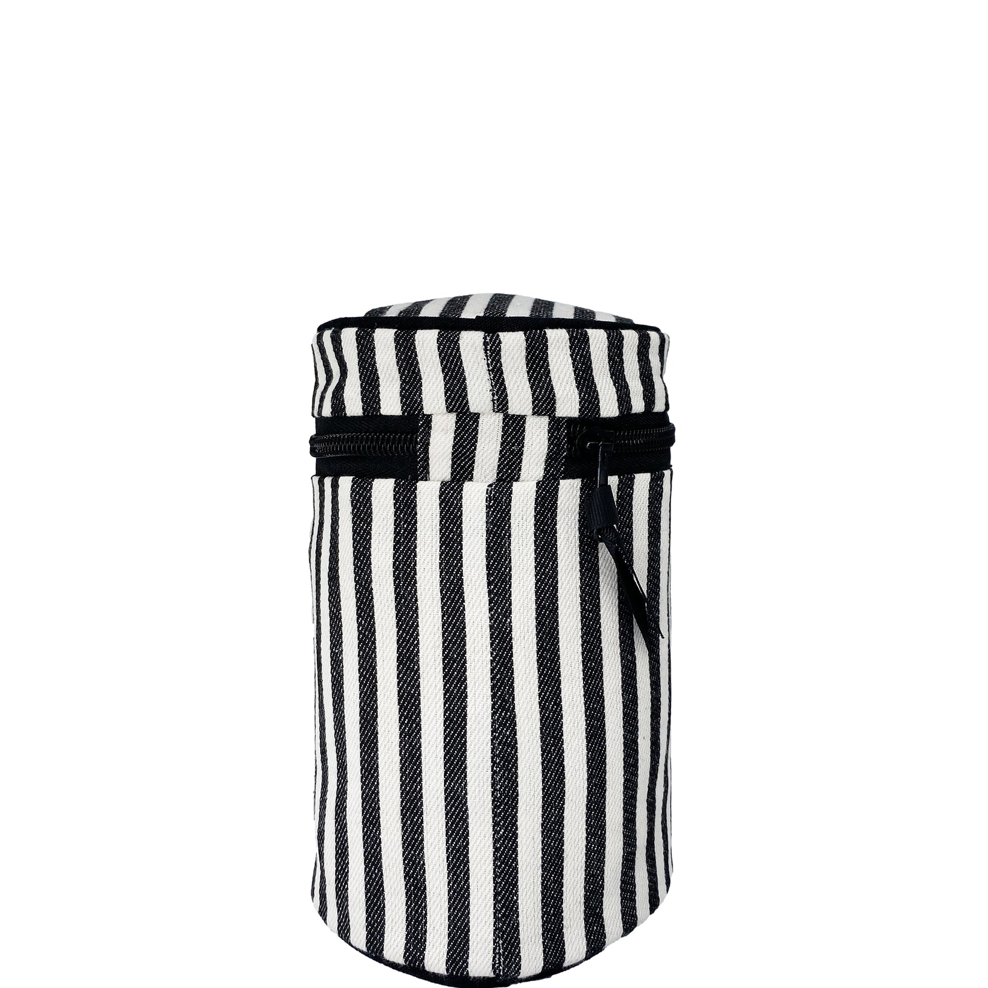 Bag-all Round My Scents Case in bold black and white stripes, featuring cylindrical design with protective laminated lining and secure rubber band closures