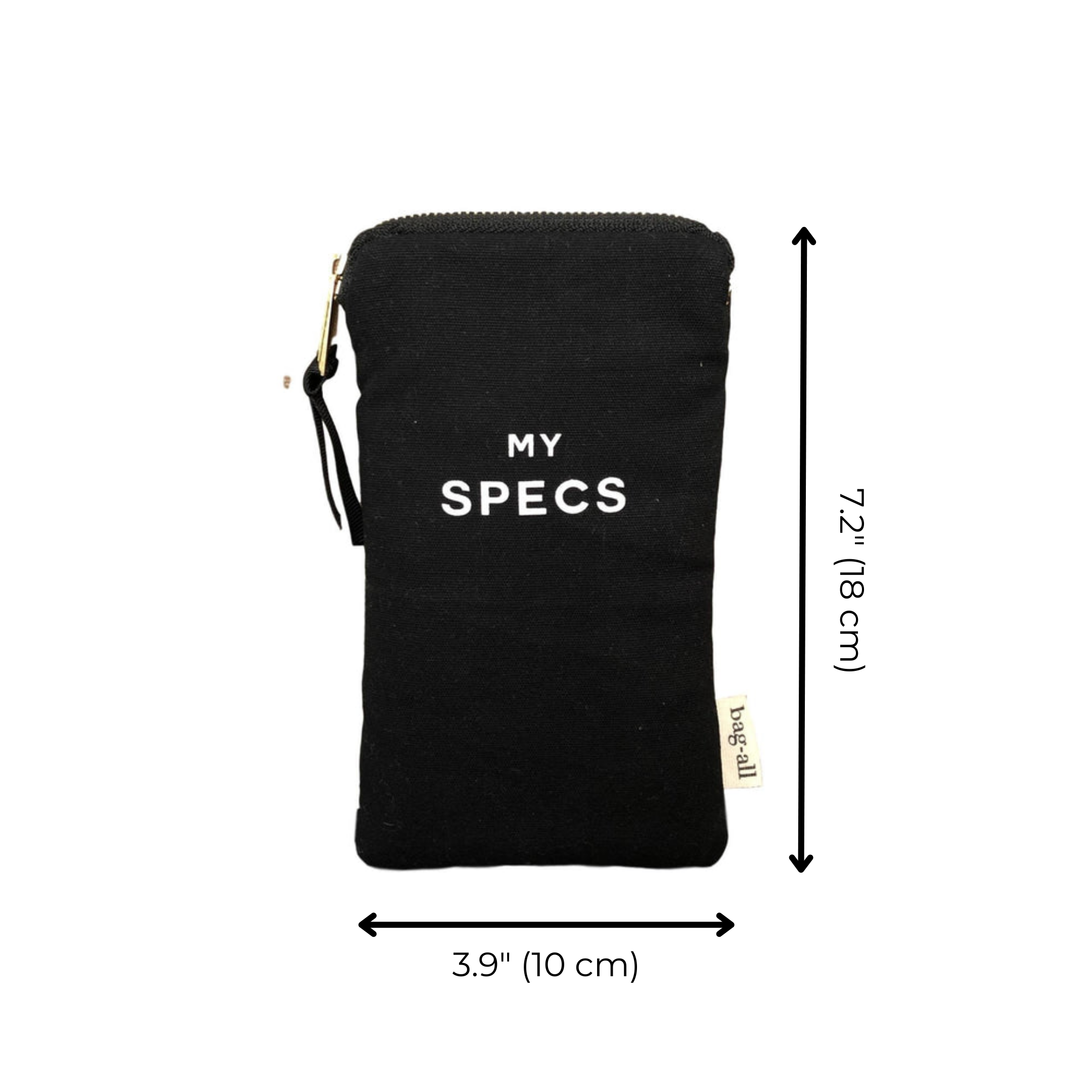 Bag-all My Specs Glasses Case in black cotton canvas with white text, external pocket, and zipper closure. Measures 7.2 x 3.9 inches, perfect for eyewear protection.