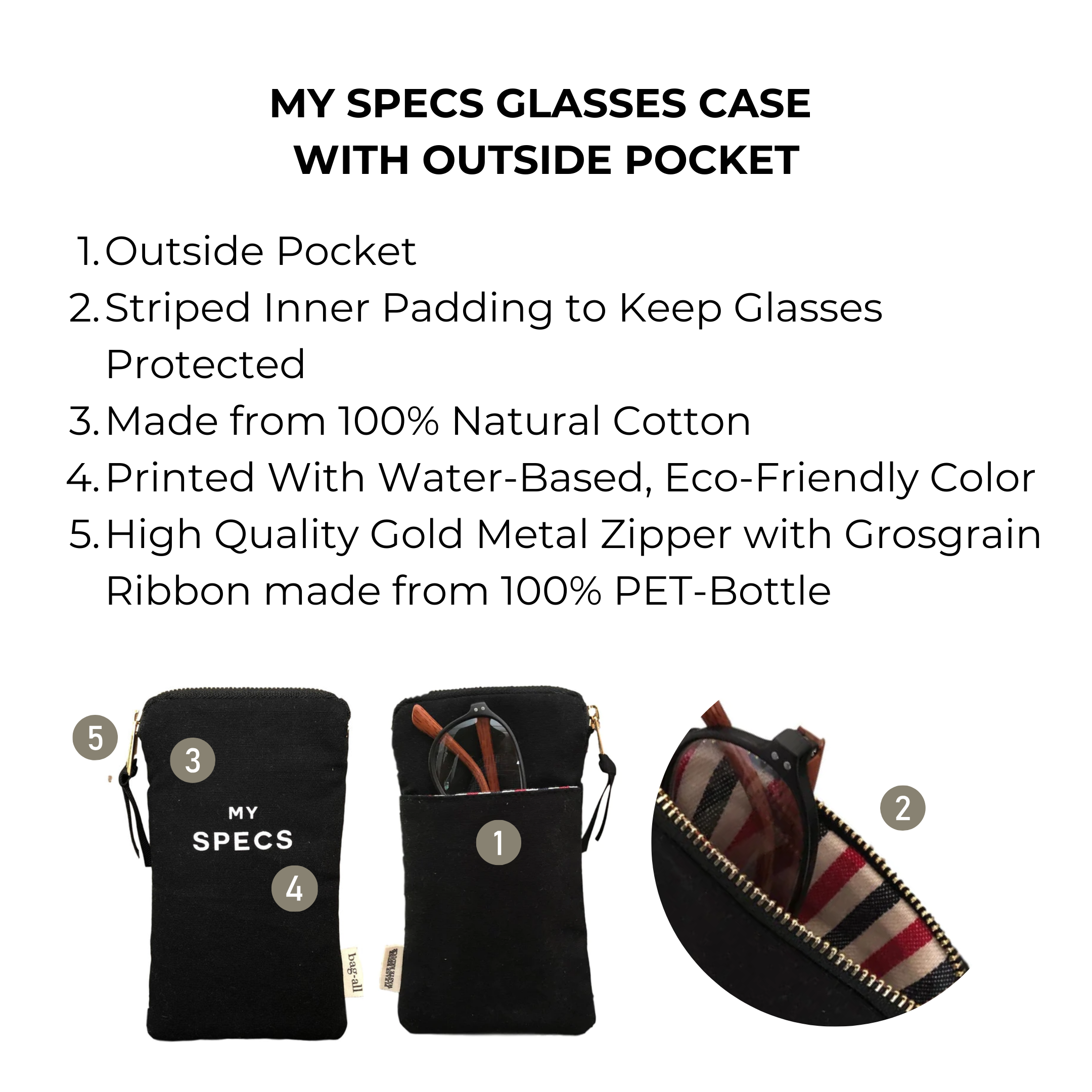 Bag-all My Specs Glasses Case with Outside Pocket in black cotton canvas featuring striped padding, eco-friendly print, and gold zipper closure. Includes convenient external storage pocket.