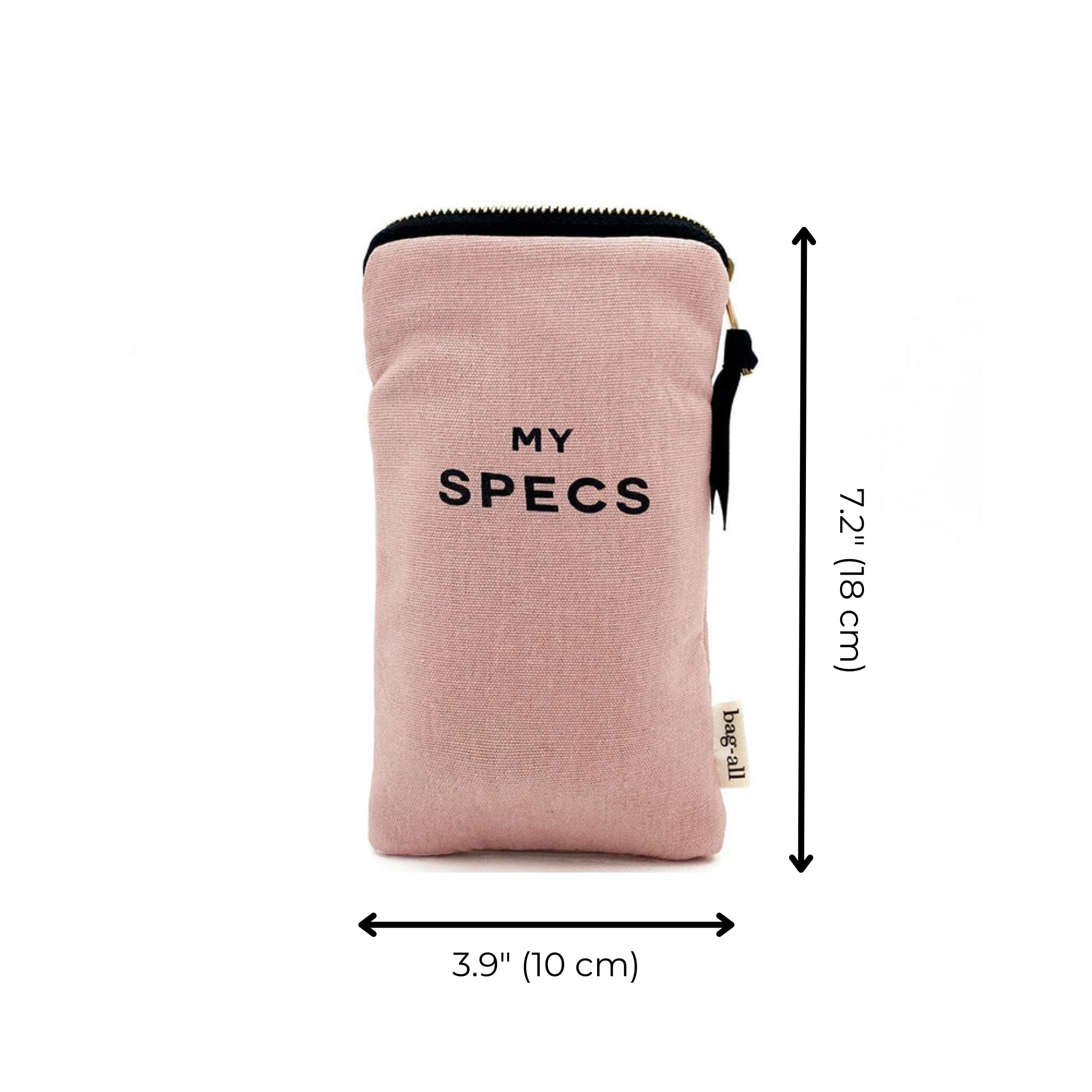 Bag-all My Specs Glasses Case in blush pink cotton with exterior pocket, black text design, gold zipper closure, measuring 7.2x3.9 inches