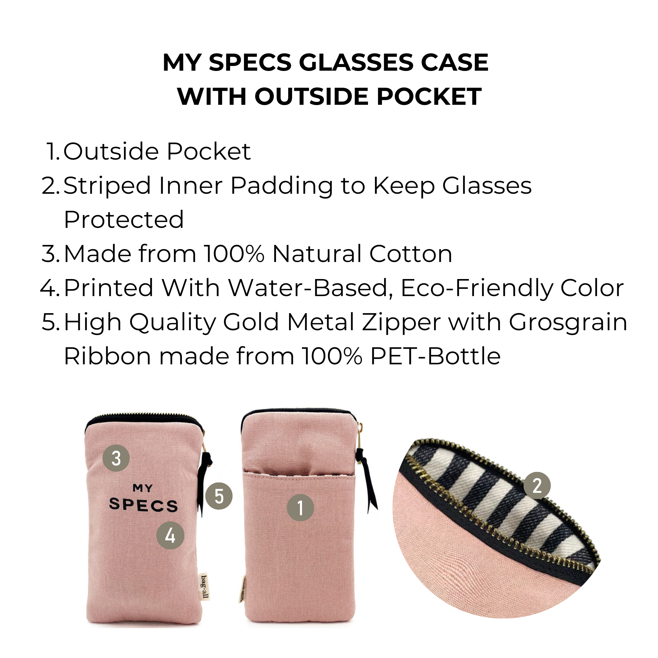 Bag-all My Specs Glasses Case in blush pink with convenient exterior pocket, striped protective padding, gold zipper, and eco-friendly cotton construction - perfect for storing eyewear
