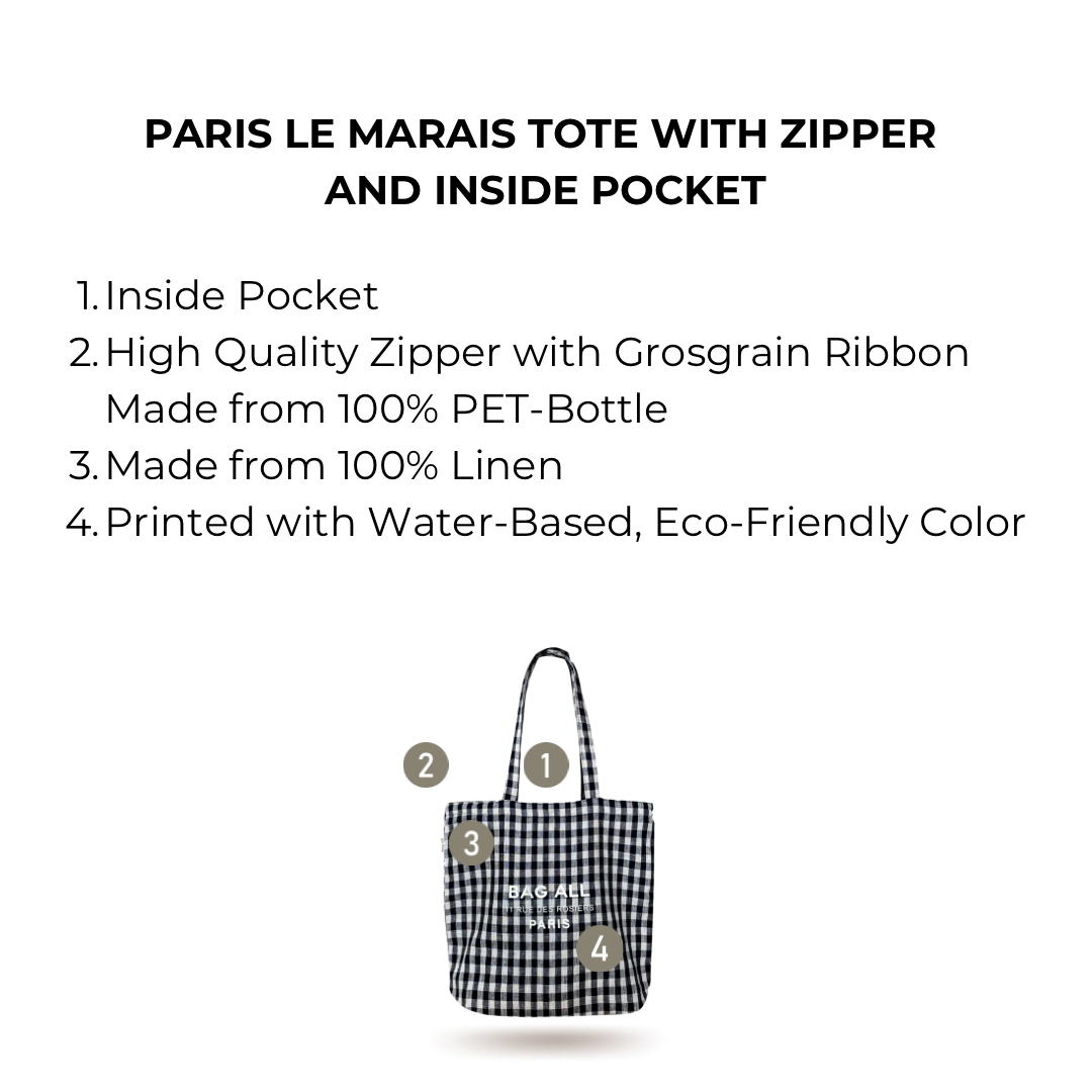 Bag-all Paris Le Marais gingham tote bag with zipper, inside pocket made from eco-friendly linen material featuring black and white checkered pattern, perfect for daily essentials