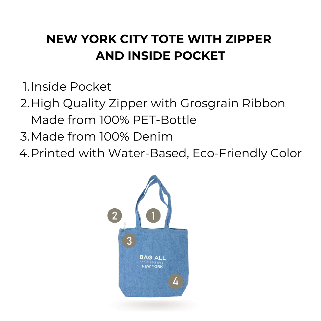 Bag-all New York City denim tote with zipper and inside pocket, featuring eco-friendly materials, water-based printing, and practical storage for everyday use