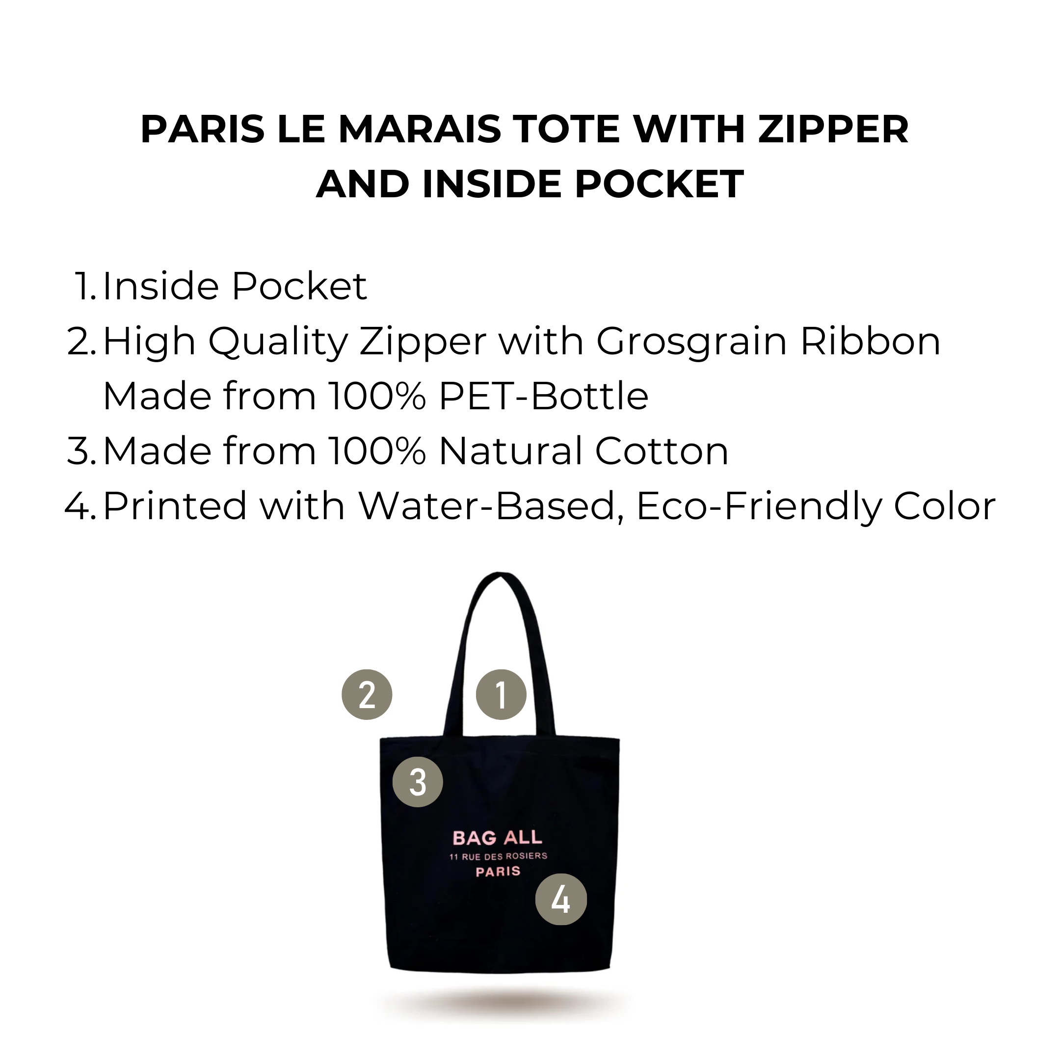 Bag-all Paris Le Marais black cotton tote with zipper, featuring eco-friendly print, inside pocket and grosgrain ribbon. 100% natural cotton everyday bag with high-quality details.