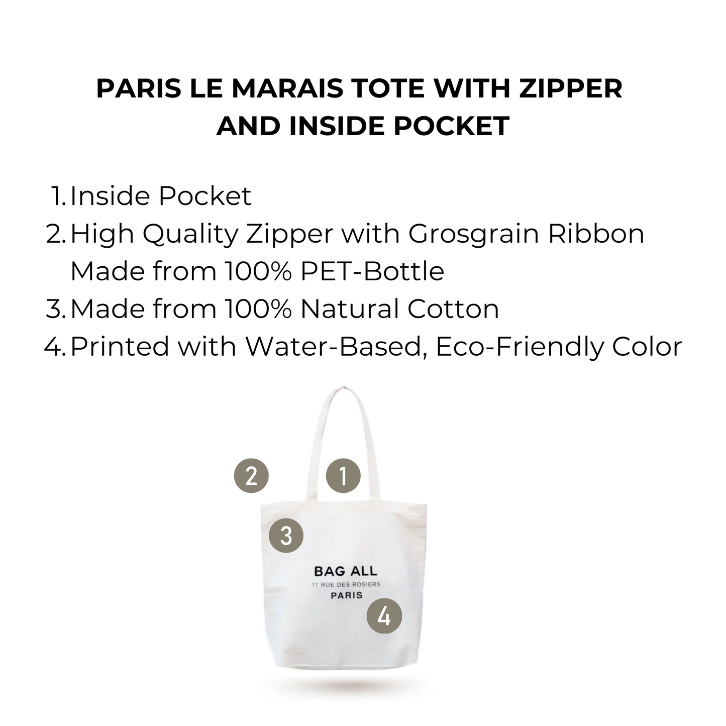 Bag-all Paris Le Marais cream cotton tote featuring secure zipper closure, interior pocket, eco-friendly construction, and water-based printing. Stylish sustainable shopping companion.